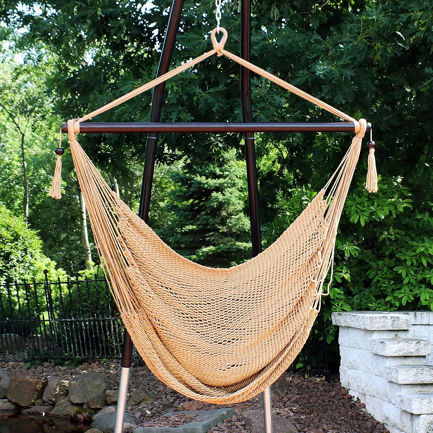 Sunnydaze Hanging Hammock Chair Swing for Patio, Caribbean, Tan | 300 lb Capacity, Wooden Spreader Bar, Woven Polyester, Hang From a Tree, Hammock Chair Stand, or Ceiling, Hammock Swing Chair