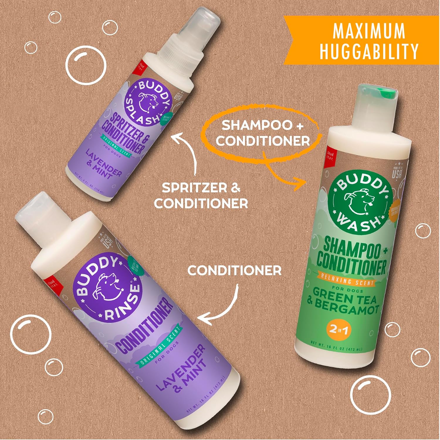 Buddy Grooming Wash 2 in 1 Dog Shampoo, Lavender & Mint, 16 oz. Bottle