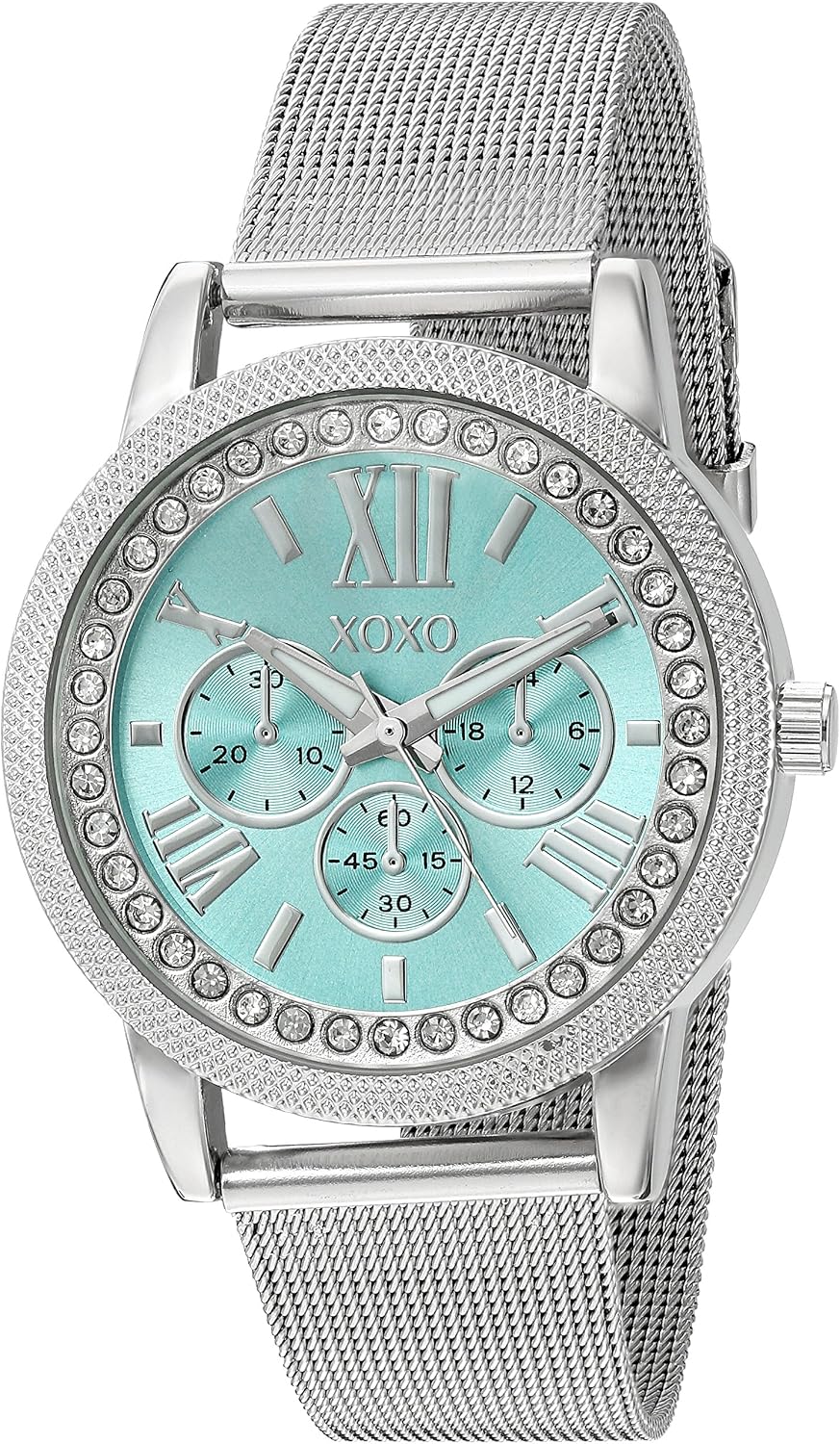 XOXO Women's Silver-Tone Analog Watch with Crystal Bezel and Aqua Blue Dial – Mesh Band Dress Watch with Faux Chrono Look Fits Wrists 5.5"-8" in