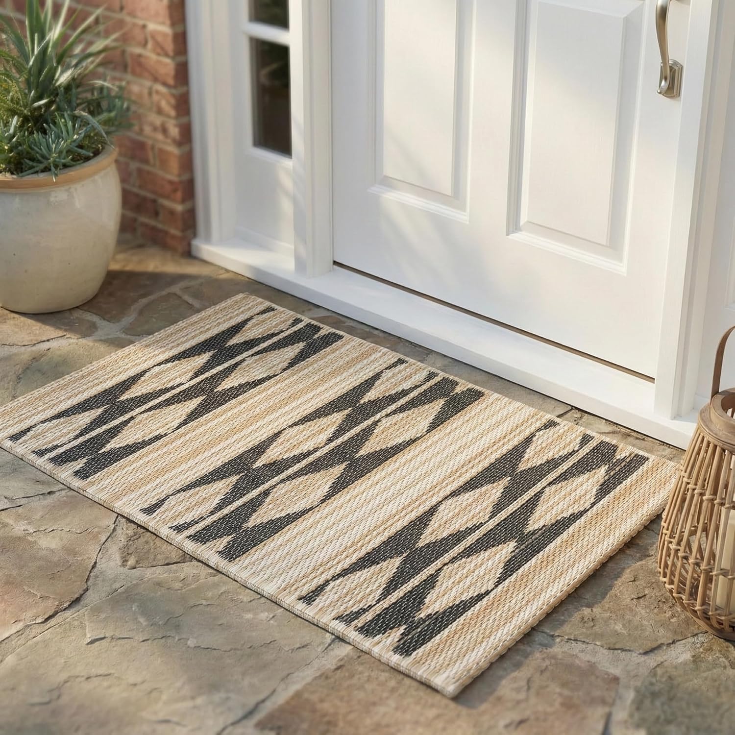 Fab Habitat Outdoor Rug - Waterproof, Fade Resistant, Crease-Free - Premium Recycled Plastic - Geo Tribal - Porch, Deck, Balcony, Mudroom