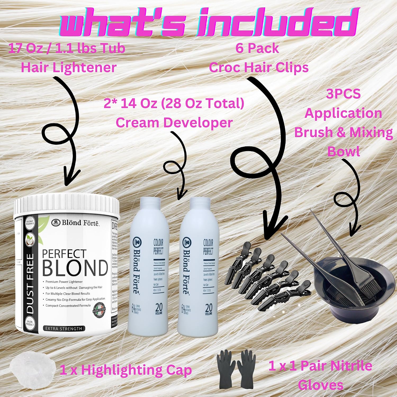 Perfect Blonde Hair Bleach Toner Lightener Powder Lightening Kit 30 Volume 800 ml Developer & Brush & Gloves - Made in Italy by Blond Forte