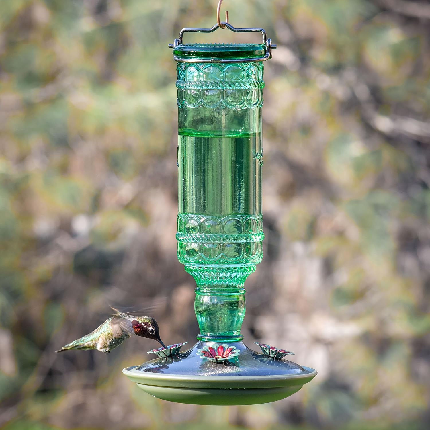 Perky-Pet Antique Glass Bottle Hummingbird Feeder, 10 oz Capacity, Green | 4 Feeding Ports for Outdoors Hanging Bird Feeders, Backyard Garden Décor