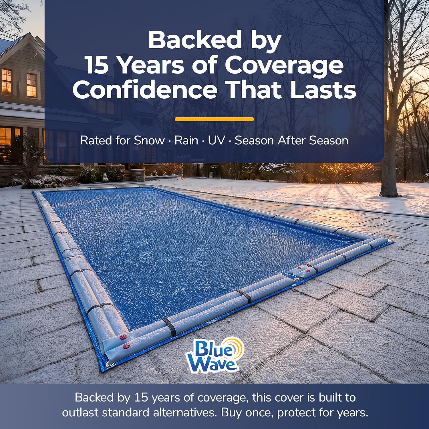 Blue Wave Arctic Armor 14x28-ft Rectangular In-Ground Pool Winter Cover | Solid polyethylene, black underside, heat-sealed seams, grommets, cable, winch, 5-ft overlap, 15-yr support, blocks debris