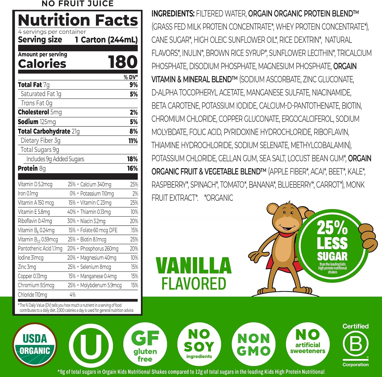 Orgain Organic Kids Dairy 8g Protein Shake, Chocolate, 8.25 oz, 4pk | Nutritional drink, grass-fed protein, 22 vitamins & minerals, 3g fiber, non-GMO, no soy, healthy snack for picky eaters