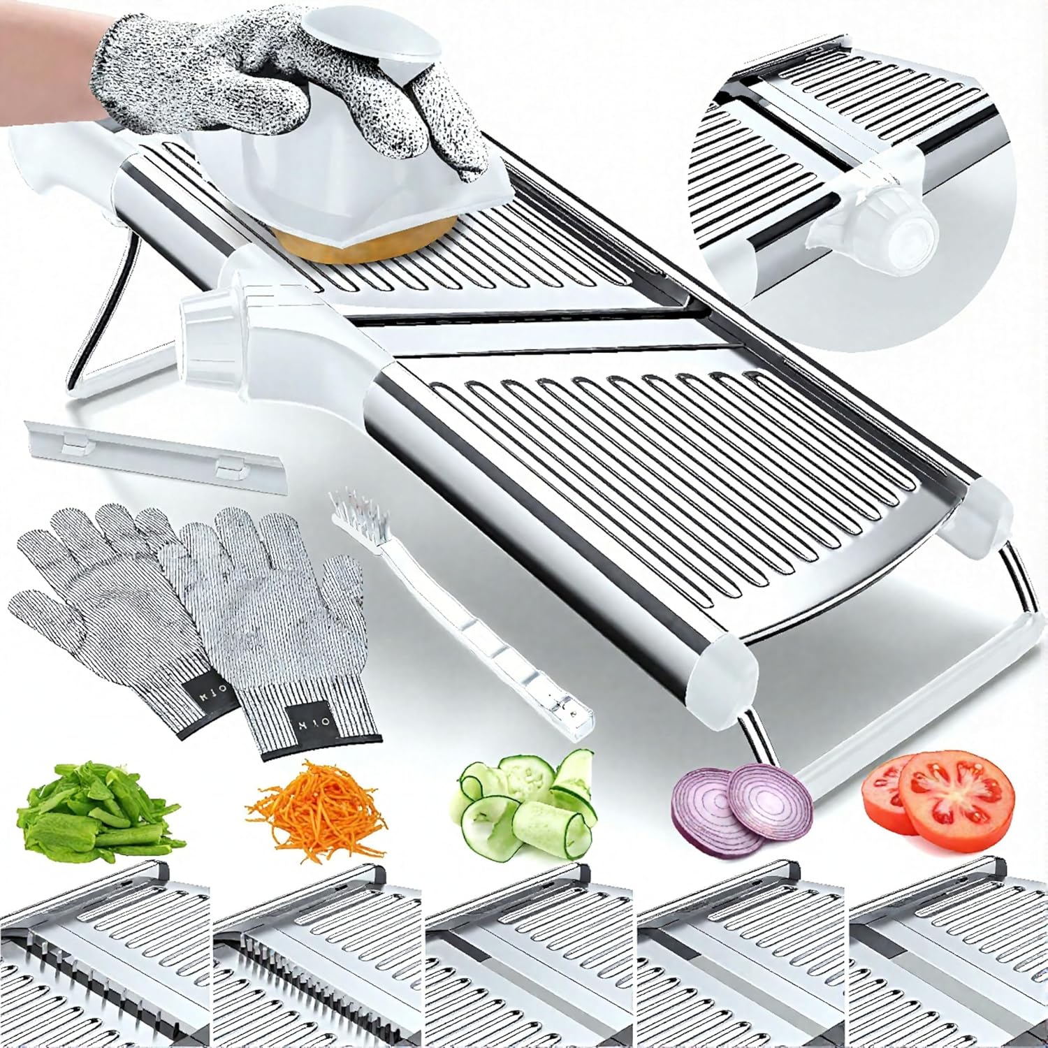 Gramercy Adjustable Mandoline Food Slicer, Mandoline Slicer for Kitchen, Mandolin, Potato, Tomato, Carrot, Vegetable, Fruit and Onion Cutter, Stainless Steel, INCLUDING Cut-Resistant Gloves, Black PRO