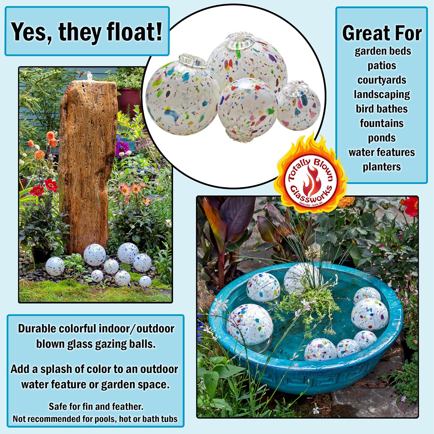 Totally Blown Glassworks Pond Float. Handmade Blown Glass, Garden Gazing Ball, Table Centerpiece