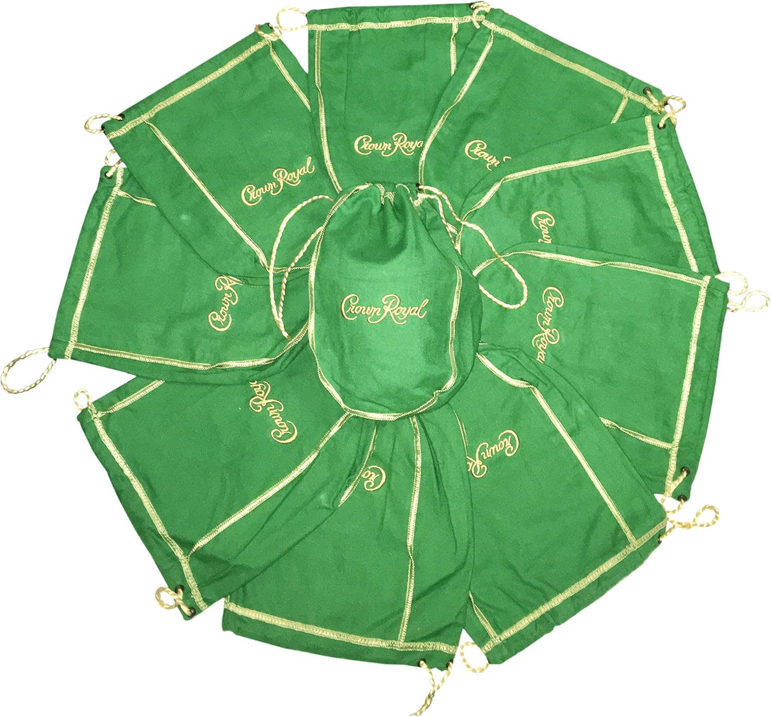 Pack of 10 Green Crown Royal Bags w/Gold Drawstrings from 1 Liter Bottles (9 inch x 5.5 inch) for Gift Bags