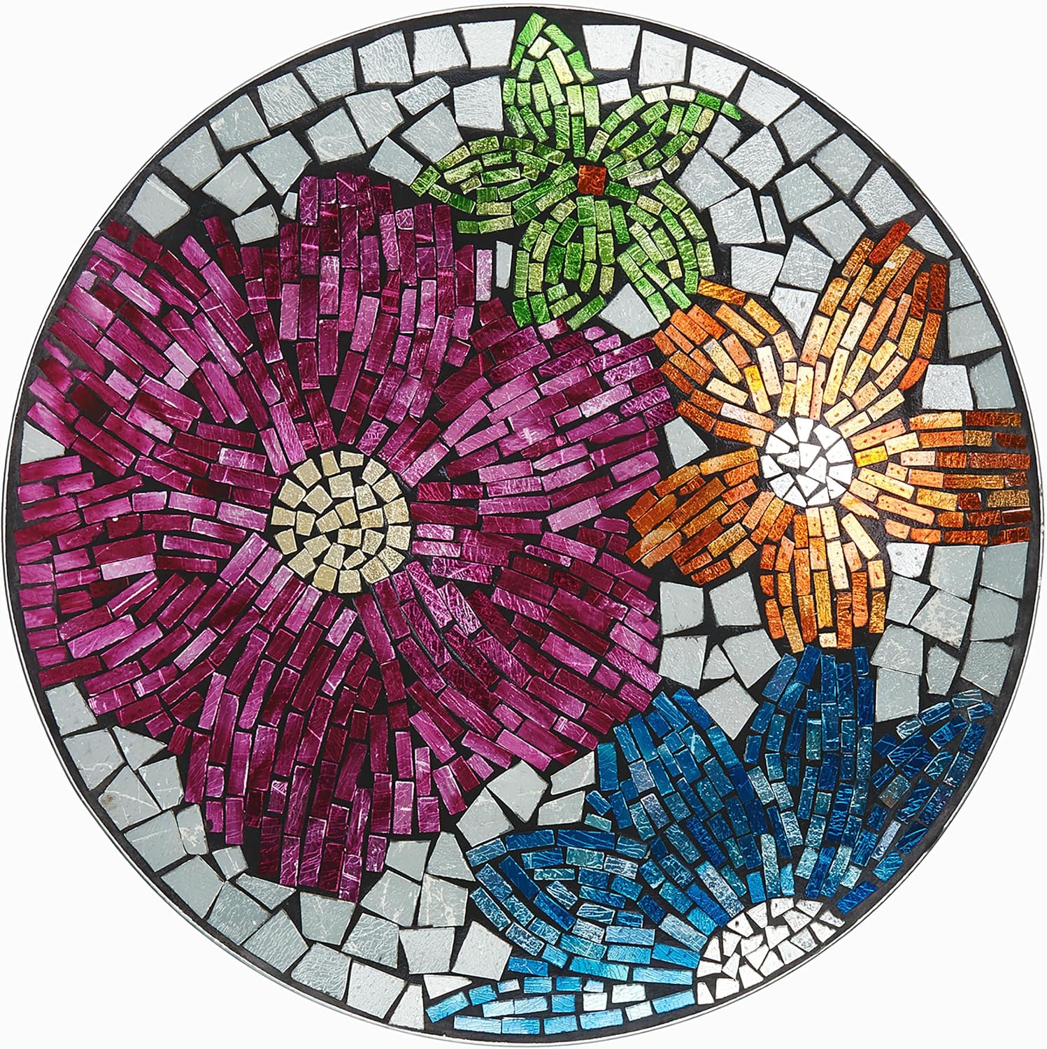 Alpine Corporation 24" Tall Outdoor Floral Mosaic Glass Birdbath with Metal Stand and Detachable 18 Inch Diameter Bowl, Garden Decor