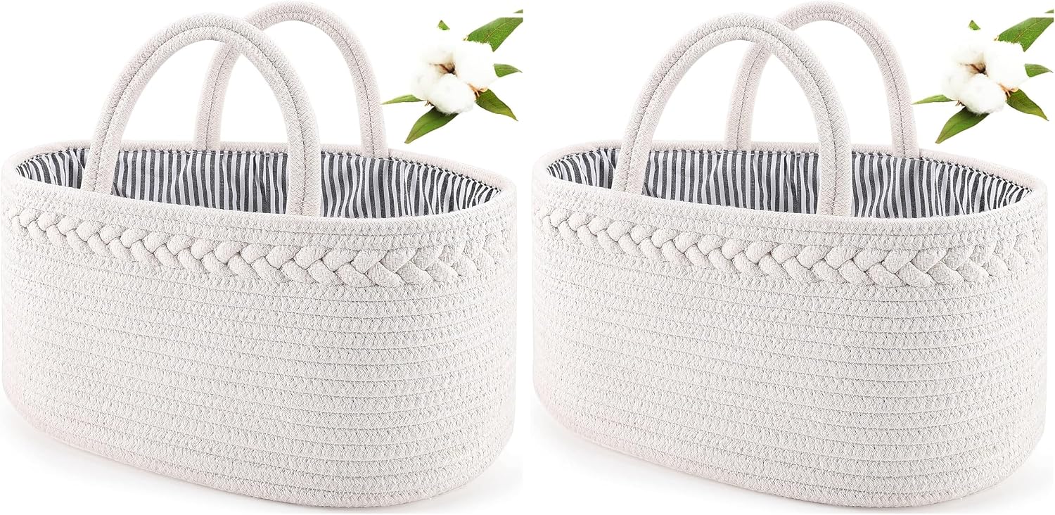ABenkle Baby Diaper Caddy, Nursery Storage Bin and Car Organizer for Diapers and Baby Wipes, Cotton Rope Diaper Basket Caddy