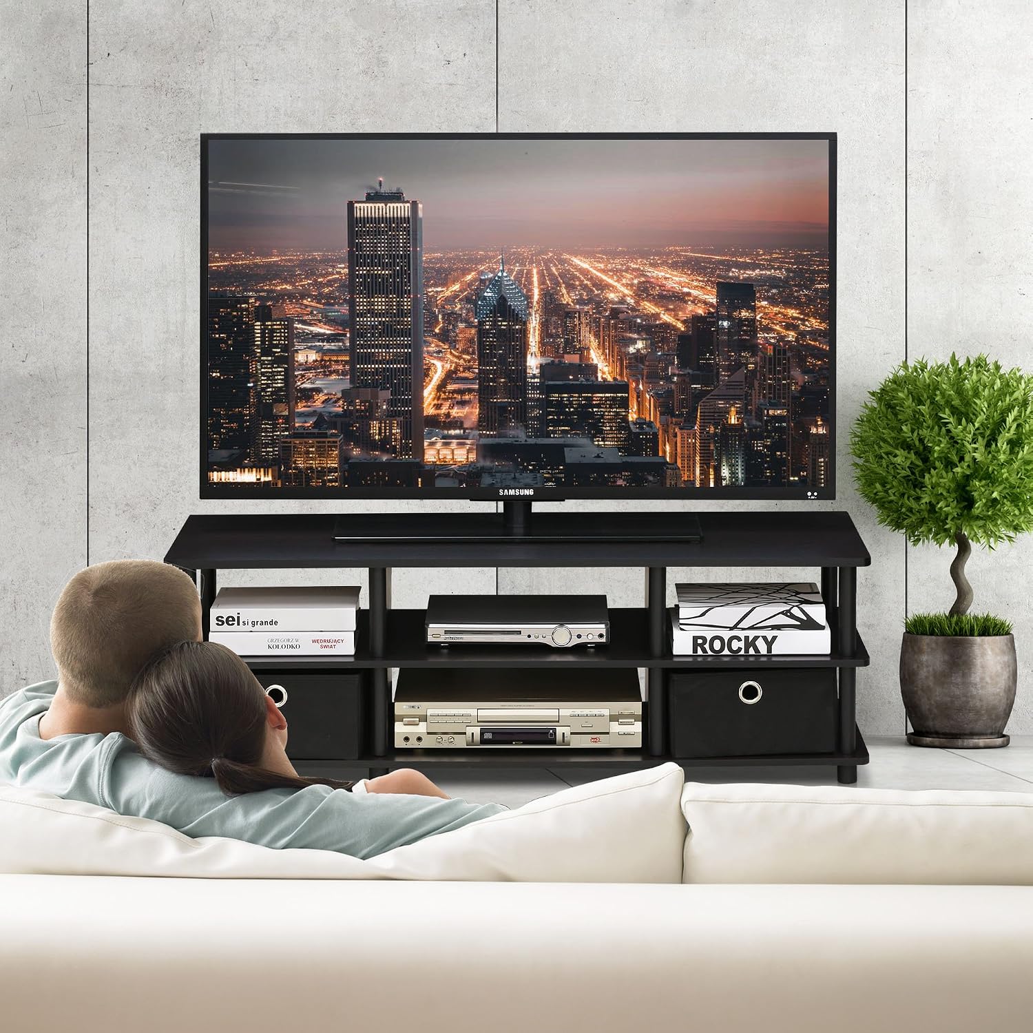 Furinno Nelly TV Stand, 3-Tier Entertainment Center with Open Shelves Storage, TV Console for TV up to 55 Inch, Soft Edges, for Living Room, Bedroom, Black