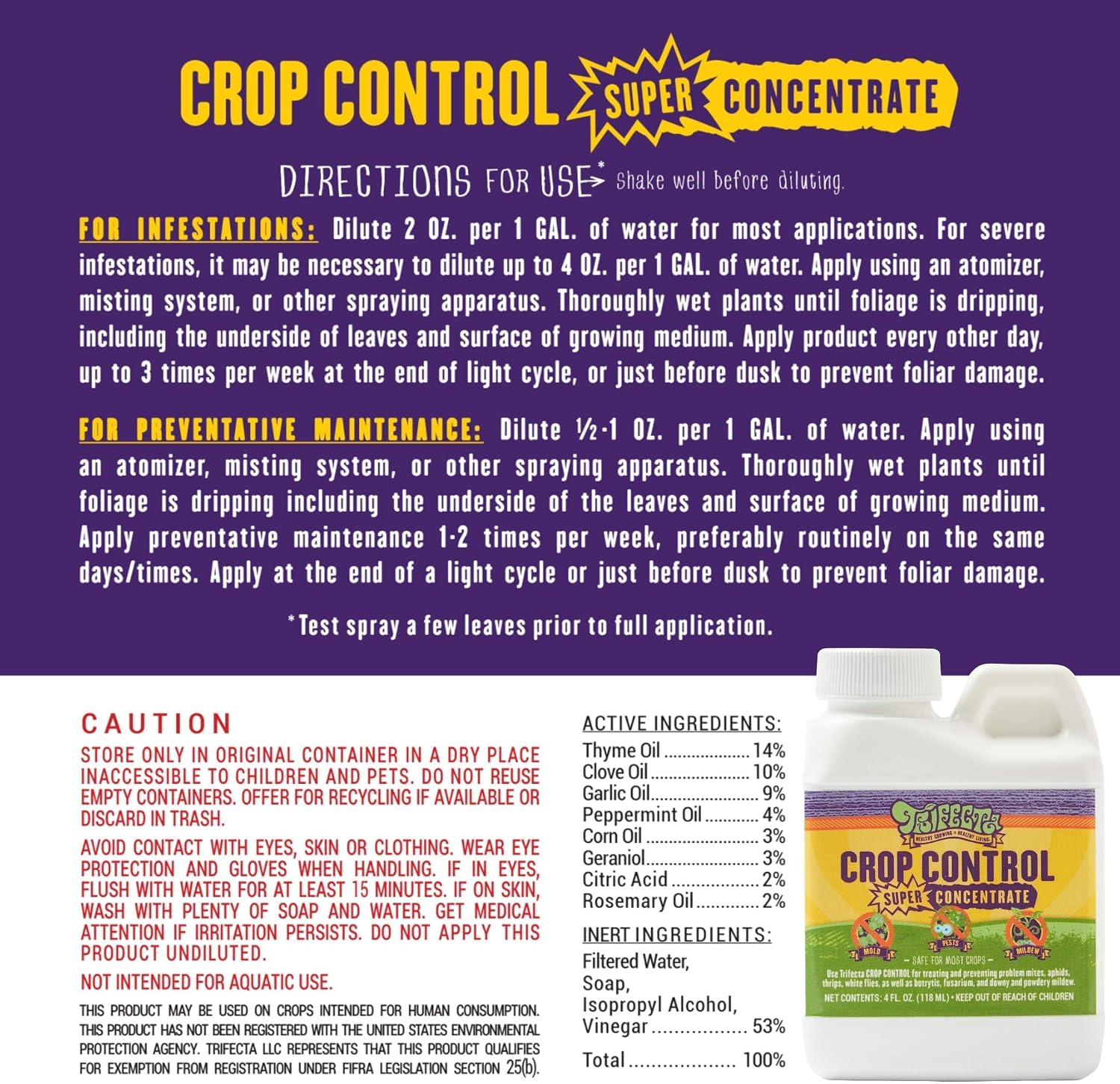 Trifecta Crop Control Super Concentrate | 4 oz | All-in-One Pesticide, Fungicide, Miticide And Insecticide | For Spider Mites, Mildew, Mold And Botrytis