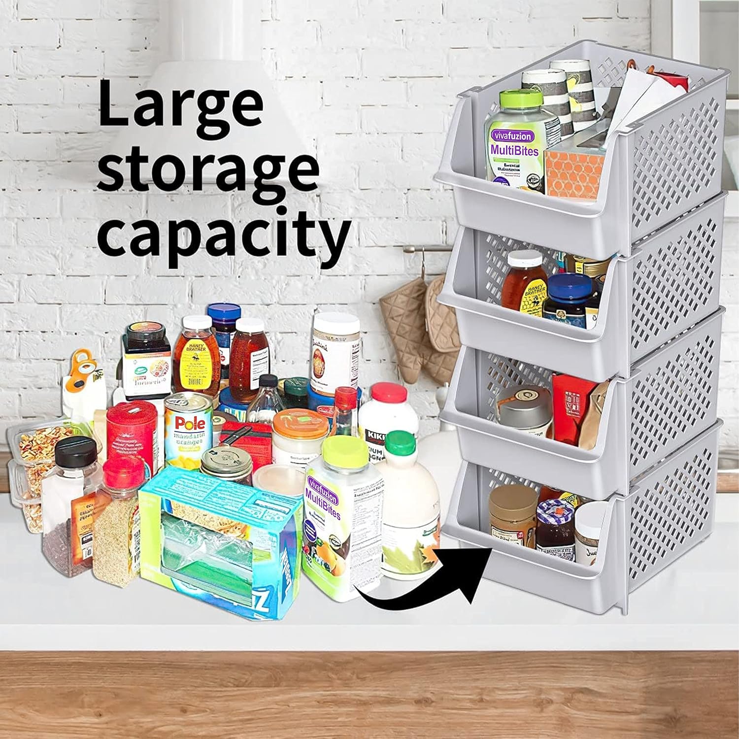 Skywin Stackable Storage Bins Open Front for Pantry Storage, 4 Pack - Black