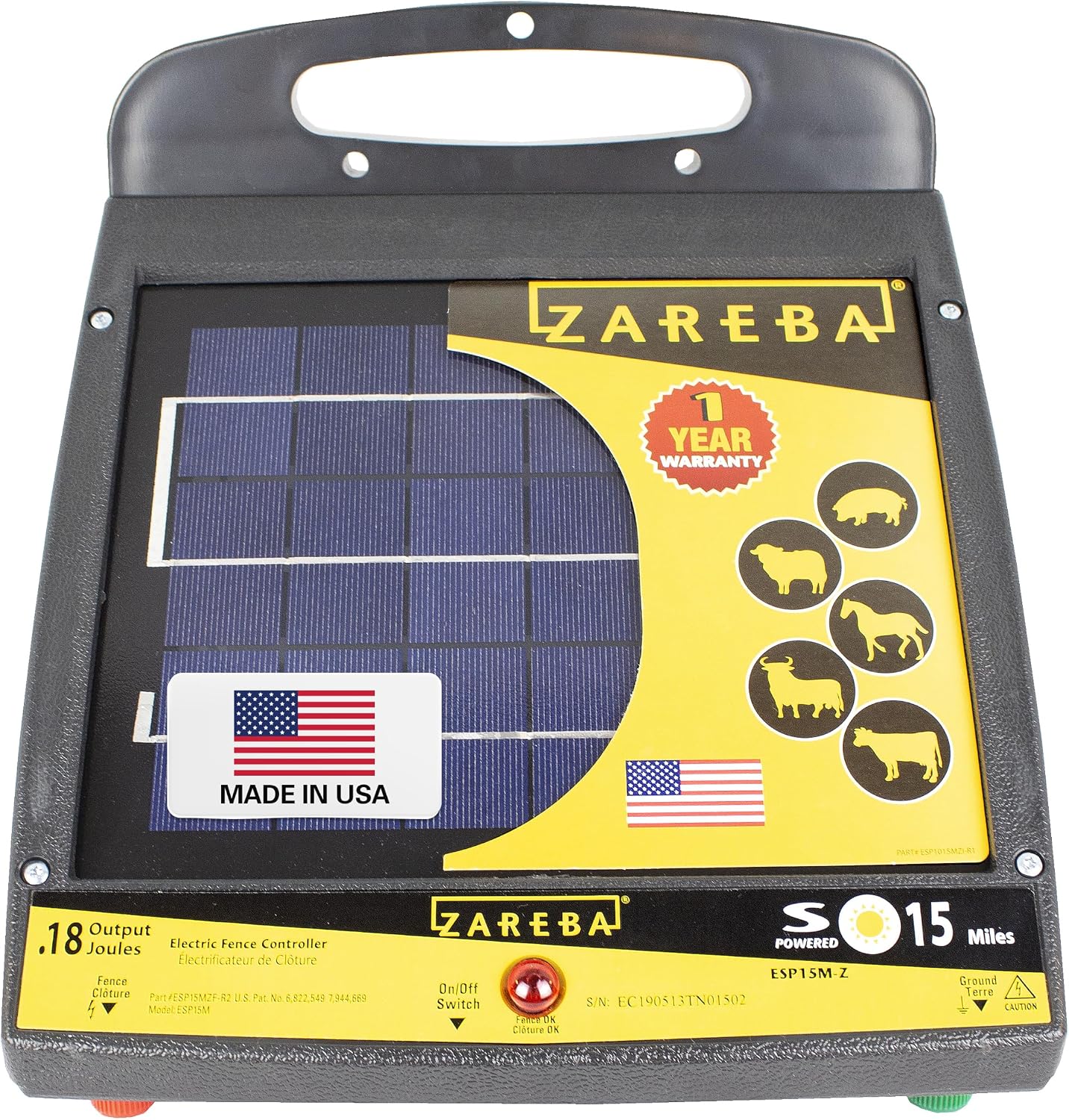 Zareba Solar Powered Low Impedance Electric Fence Charger, 15 Mile Solar Powered Electric Fence Energizer, Contain Animals