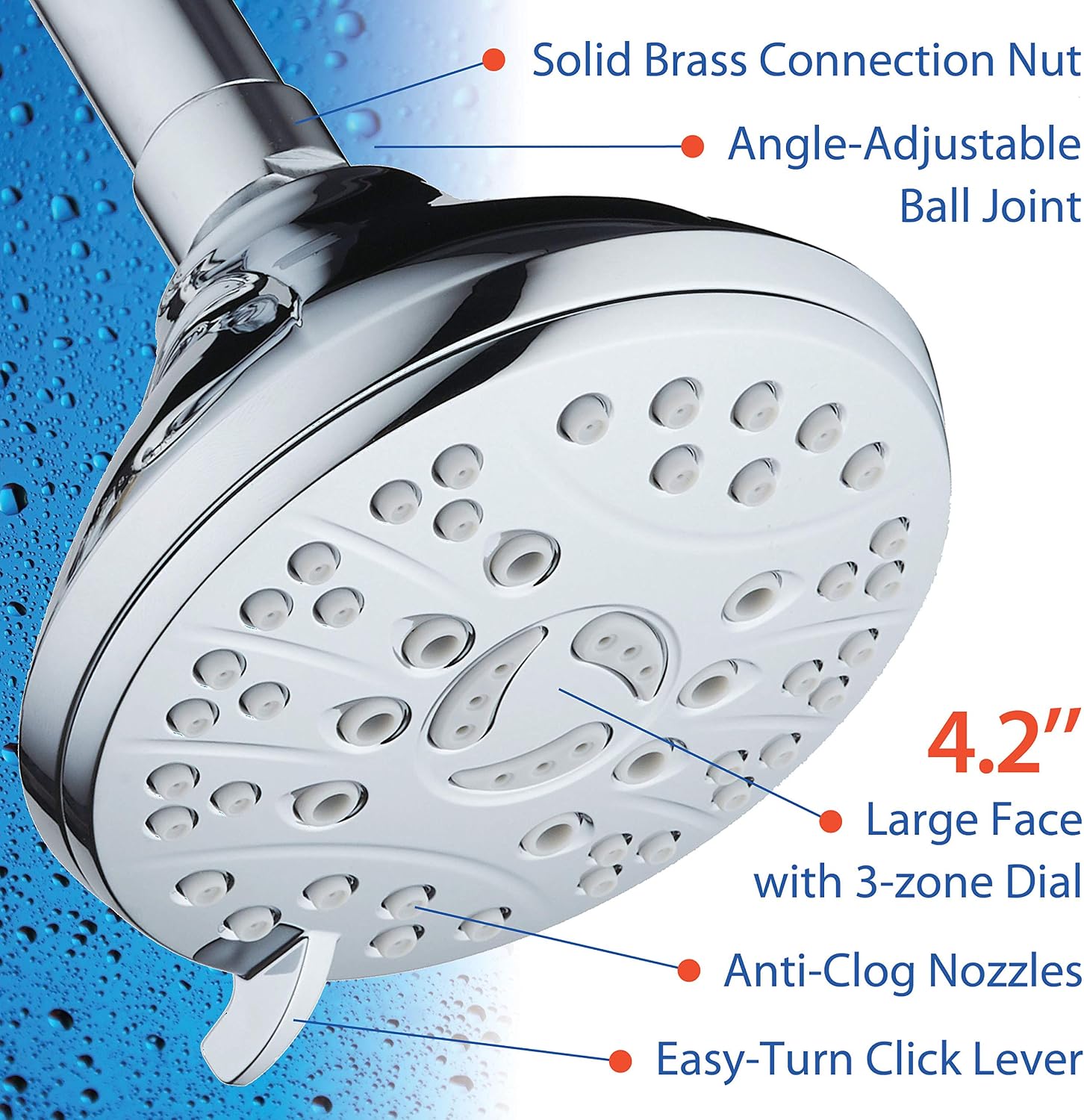 High Pressure 6-setting Luxury Rain Shower Head – Extra Large Face – Anti Clog Jets – Solid Brass Connection Ball Joint – Angle Adjustable