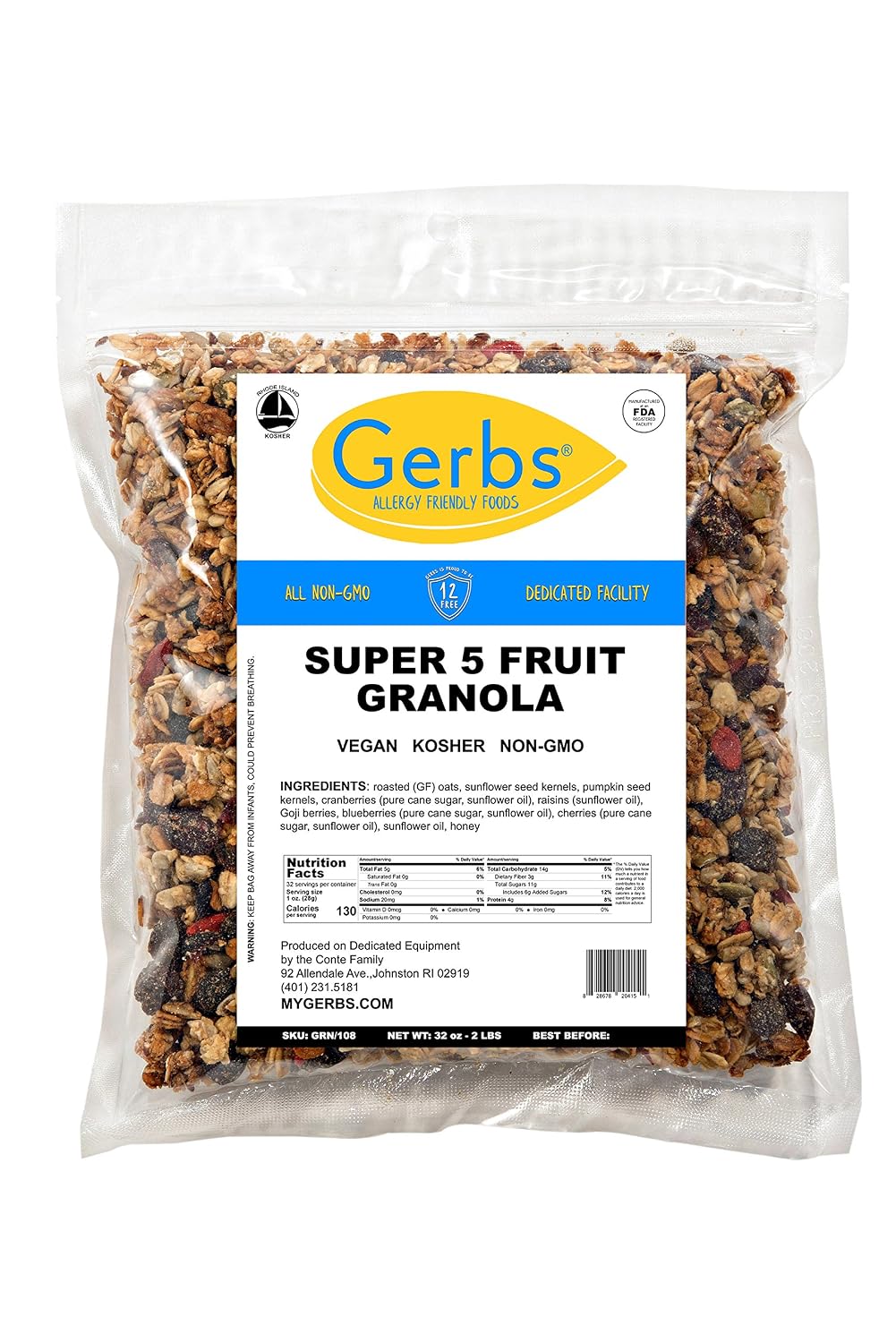 Gerbs Super 5 Seed Granola 2 lbs. | Small Batch, No Additives | Crunchy 5-Seed Blend: Pumpkin, Sunflower, Chia, Hemp & Flax | Top 14 Allergen-Free