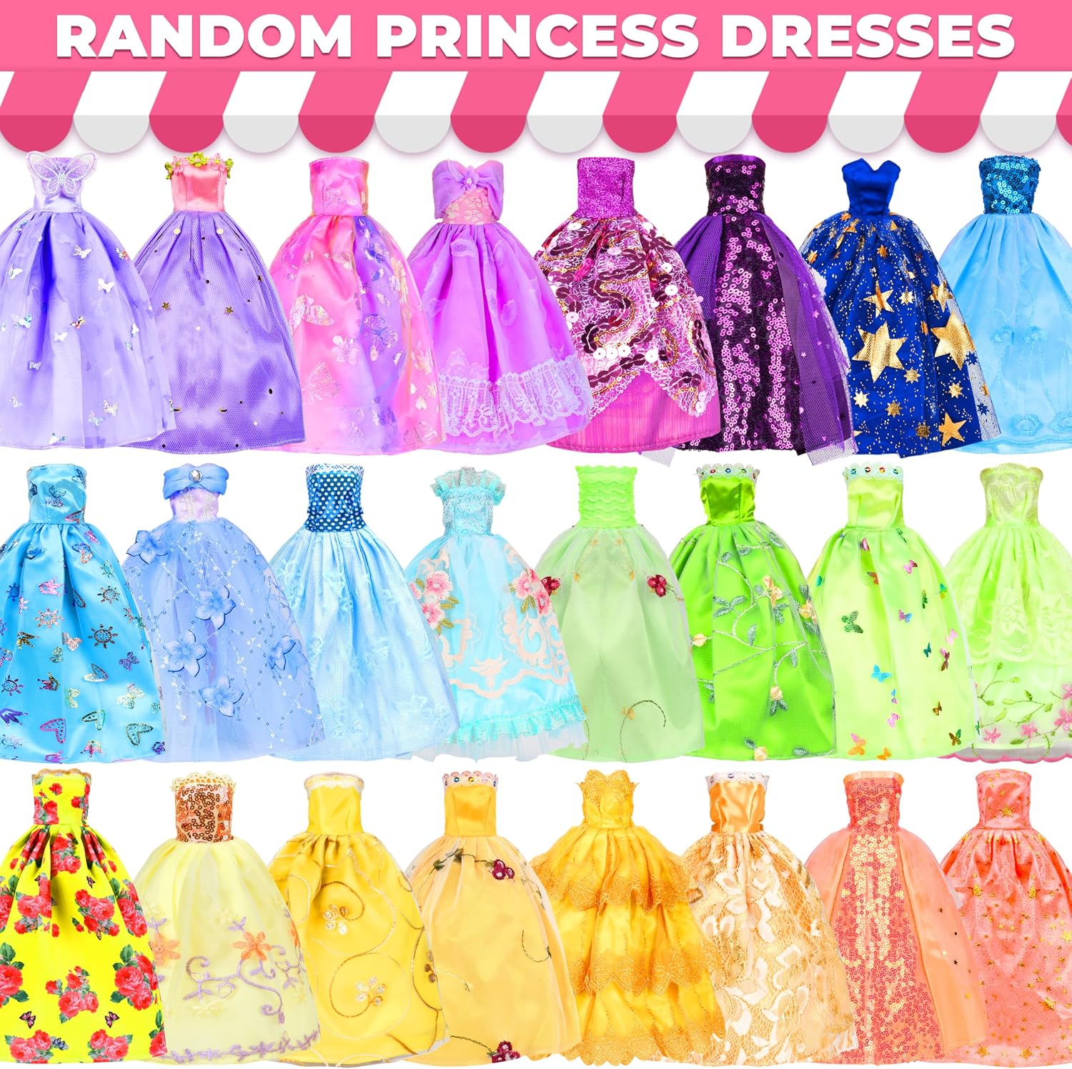 195 Pcs Doll Clothes and Accessories Kit, Include Princess Gowns, Fashion Skirt, Slip Dresses, Tops, Pants, Bikini Swimsuits, Shoes, Crowns