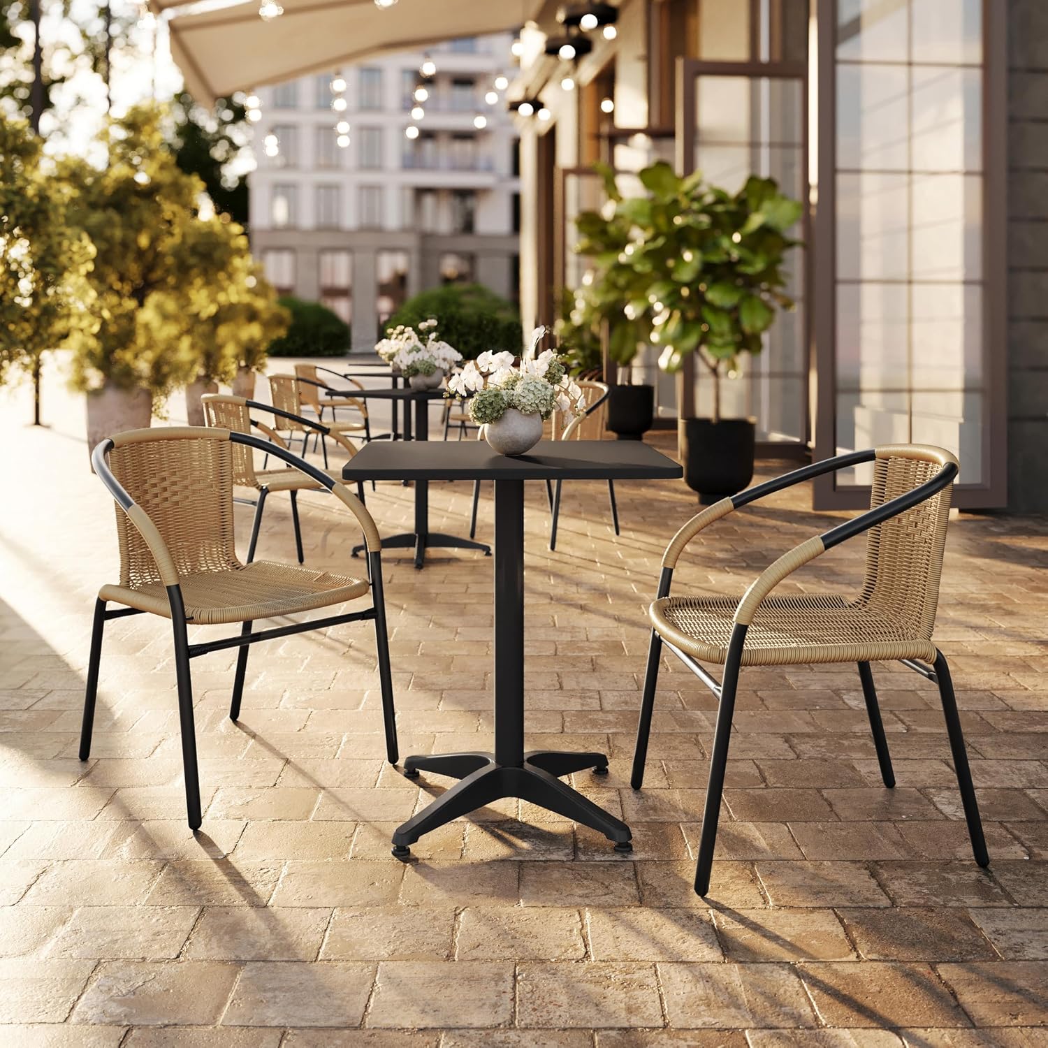 Flash Furniture Lila Modern Rattan Indoor/Outdoor Stackable Dining Chairs, Stacking Rattan Bistro Chairs for Patio or Restaurant, Set of 4, Brown | Commercial Grade, Indoor/Outdoor Use