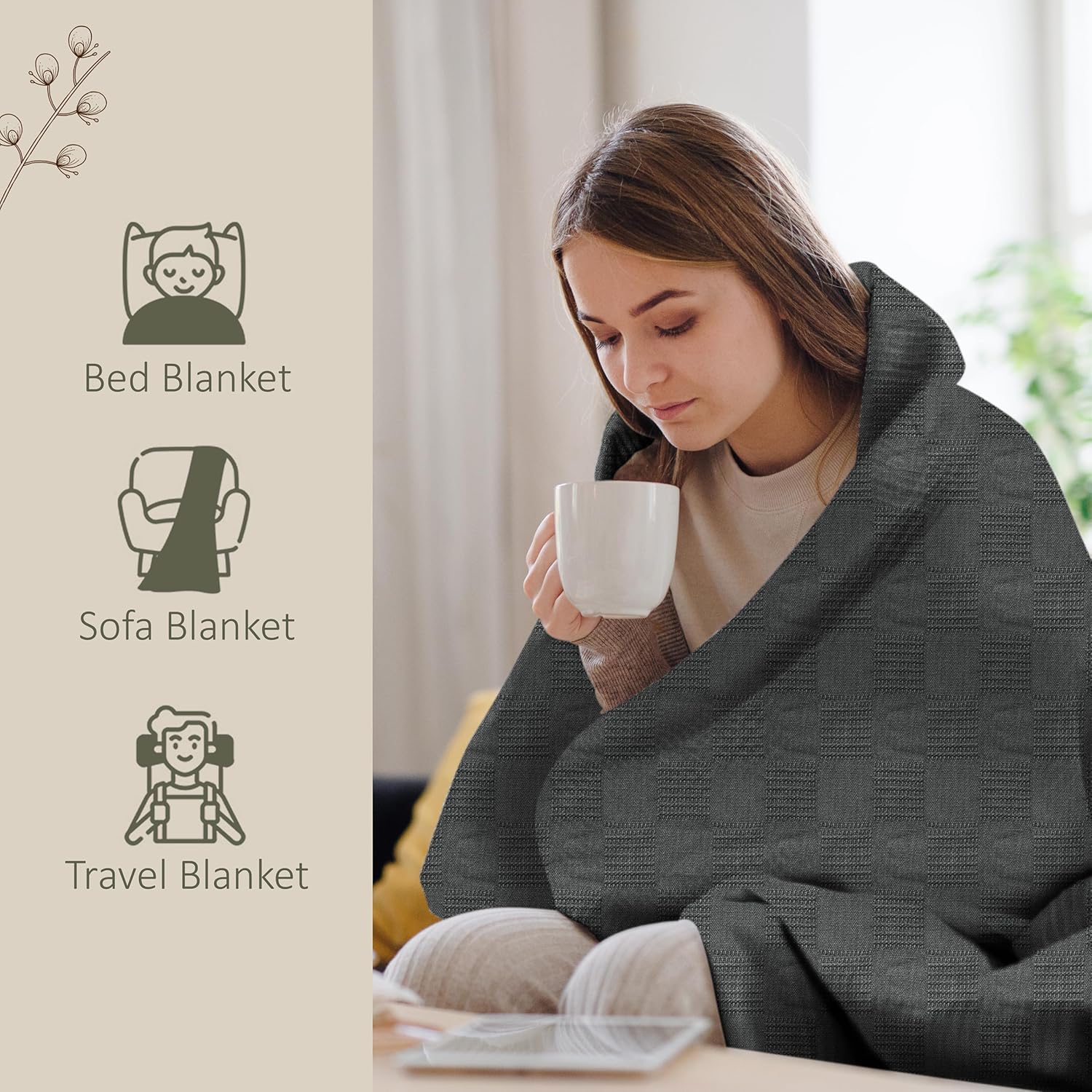 Oakias 100% Cotton Blanket Queen Size, White 90 x 90 Inches – 350 GSM Soft