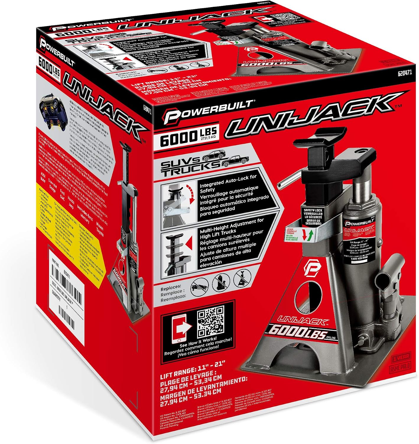 Powerbuilt 3 Ton, Bottle Jack and Jack Stands in One, 6000 Pound Capacity, All-in-One Car Lift, Heavy Duty Vehicle Unijack, Wide Base, 620471