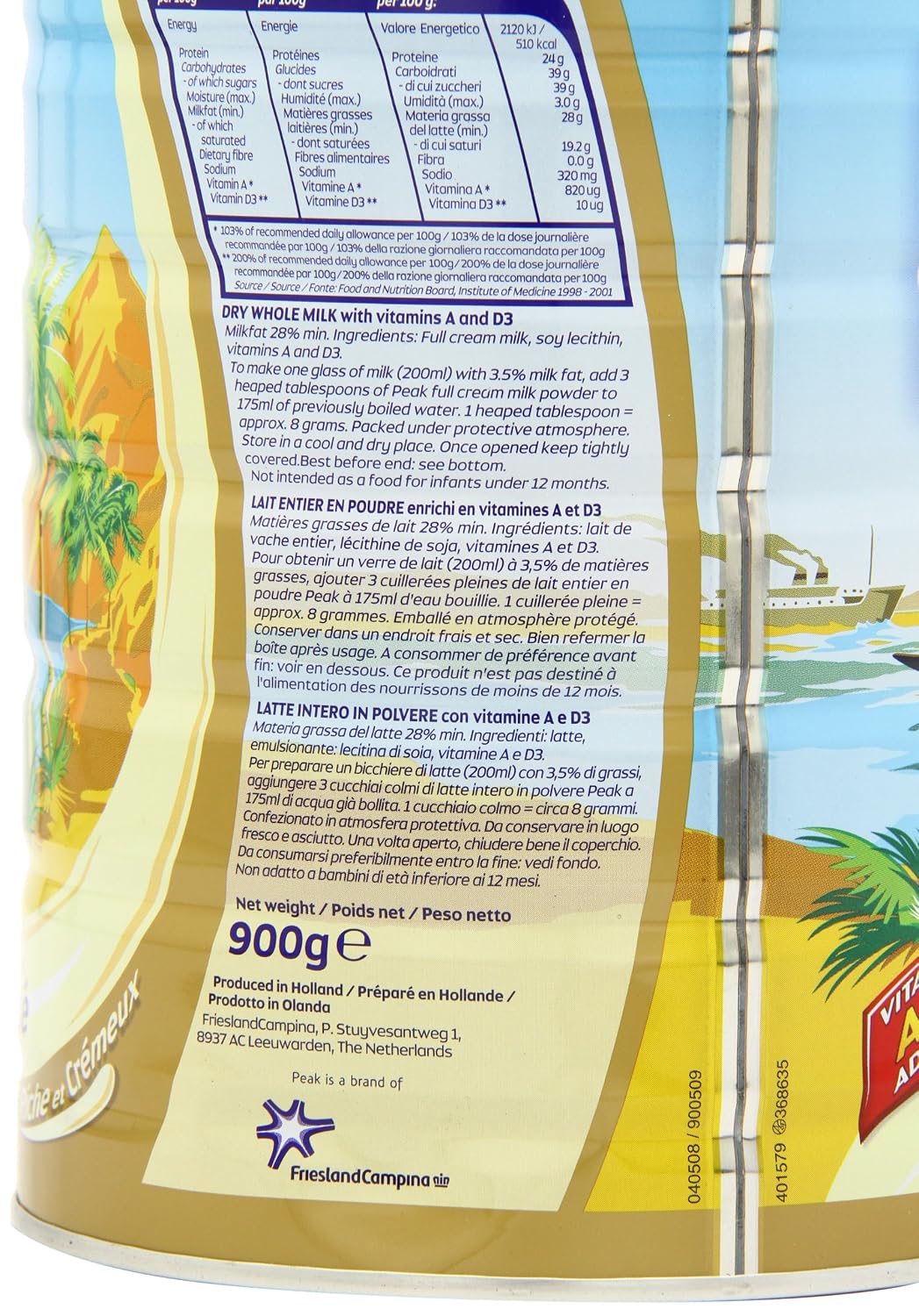 Peak Whole Milk Powder, 2 Pound (900g) Can - European Milk from Holland, rBST Free, Full Rich Flavor, Dissolves Instantly, Long Shelf Life