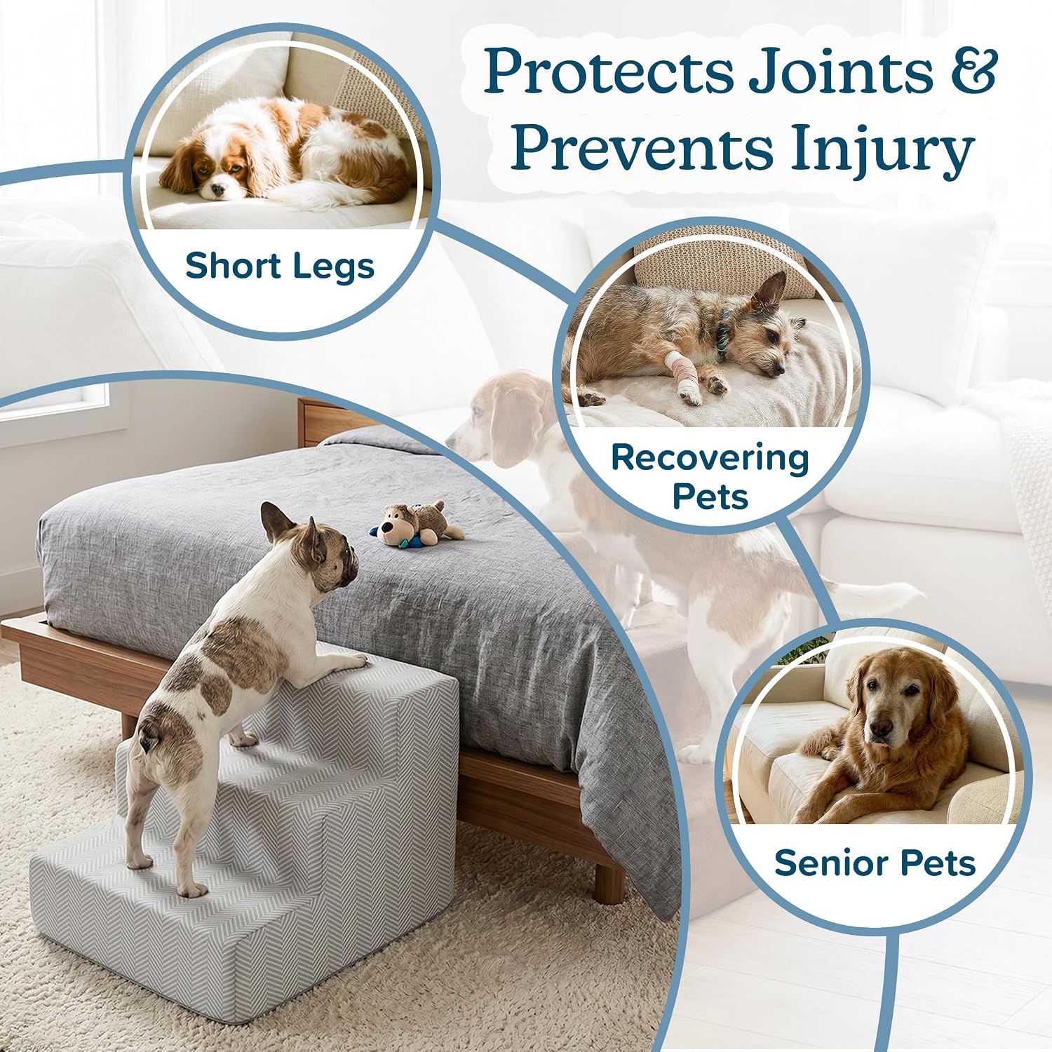 3-Step Pet Stairs - Nonslip Foam Dog and Cat Steps with Removable Zippered Microfiber Cover - 2-Tone Design for Home or Vehicle Use by PETMAKER (Tan) | 3-Step Pet Steps for High Bed and Couch - Pet Stairs with Nonslip Bottom, High-Density Foam, and Remov…