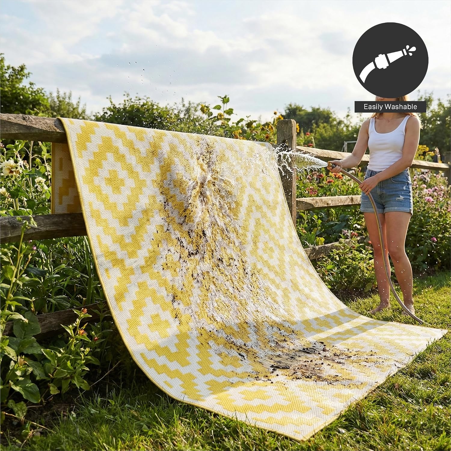 FH Home Outdoor Camping Rug - Waterproof, Fade Resistant, Reversible - Premium Recycled Plastic - Striped - Large Patio, Deck, Sunroom