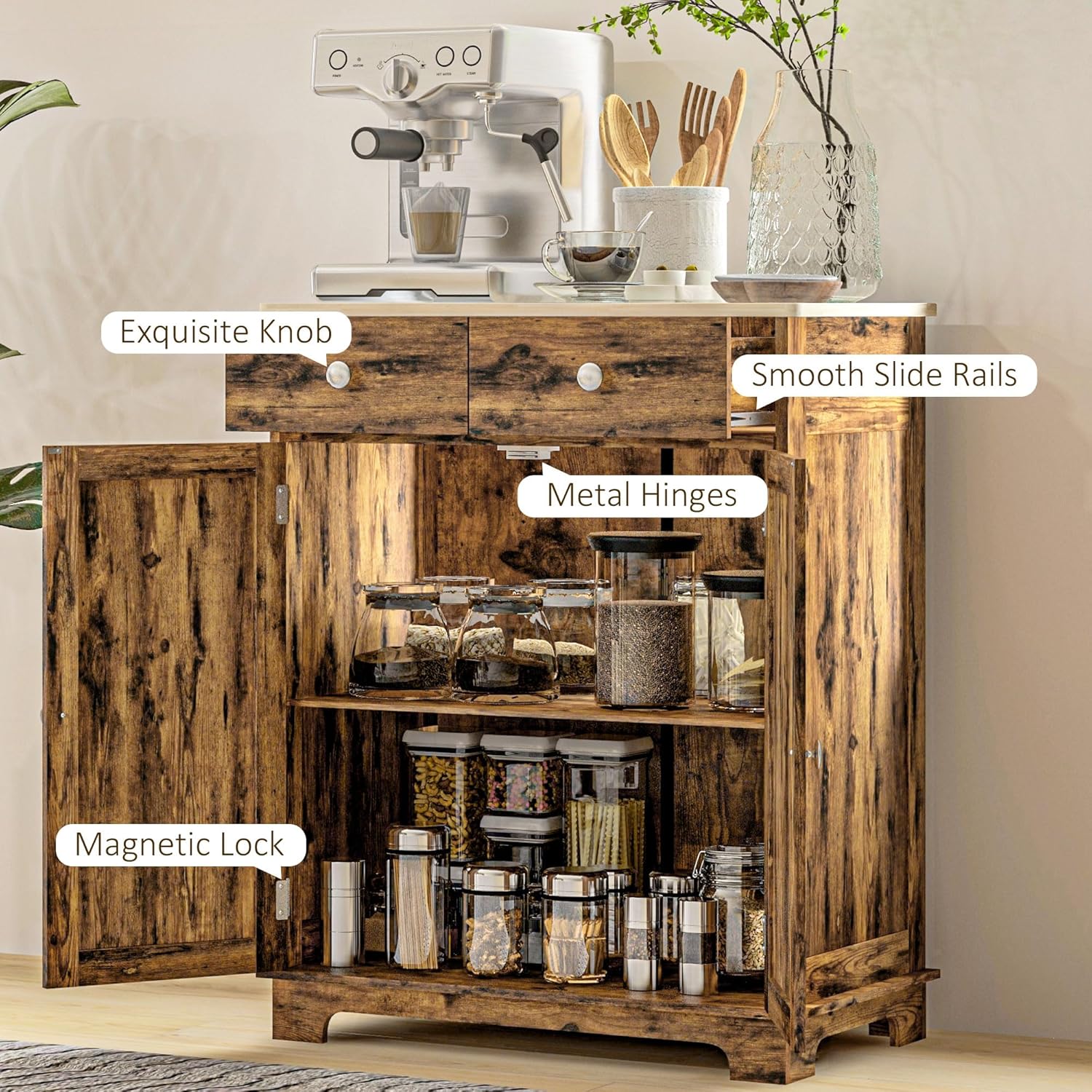 HOMCOM Sideboard Buffet Cabinet Solid Wood Countertop White