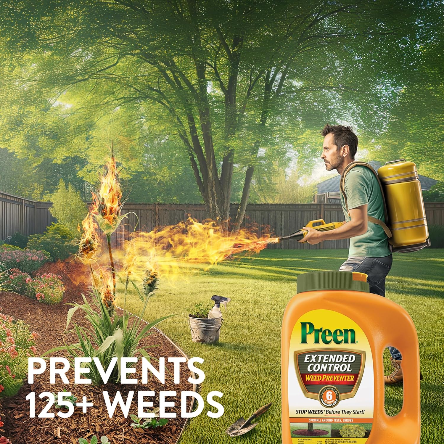 Preen Extended Control Weed Preventer - 4.93 lb. Bottle - Covers 805 sq. ft. | PreEmergent Herbicide for Garden Weed Control –Prevents Weeds up to 6 Months – For Perennials and Shrubs