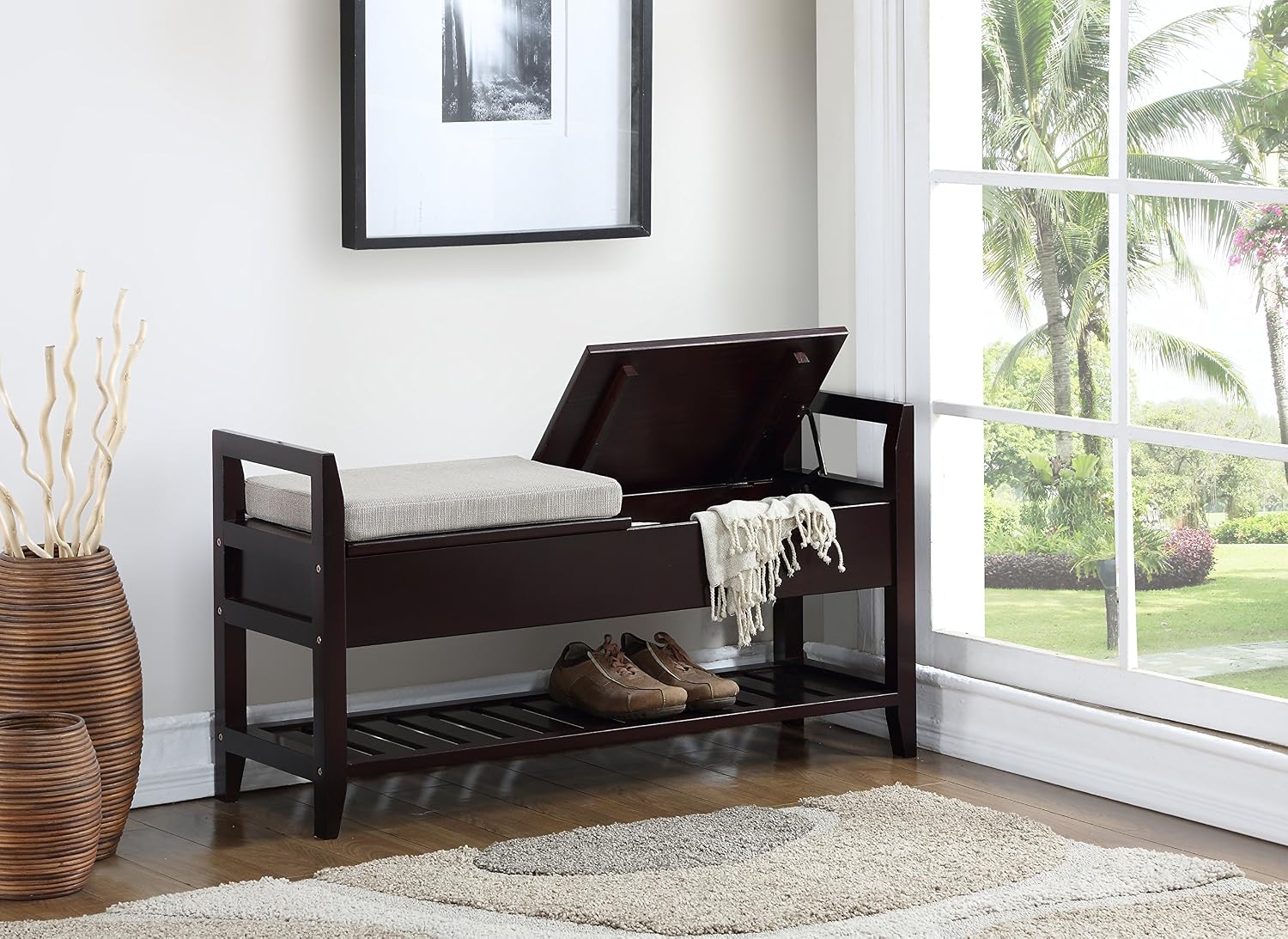 Roundhill Furniture Vannes Espresso Storage Shoe Bench