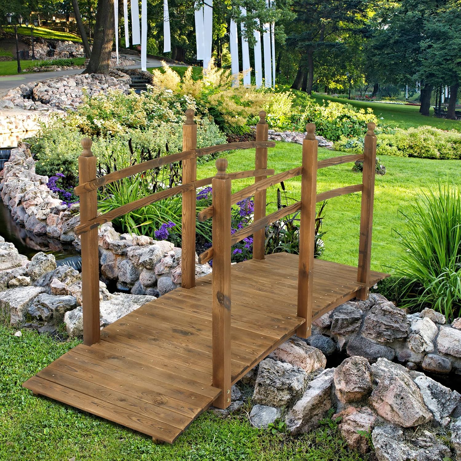 VINGLI 5 ft Garden Bridge, Classic Wooden Arch with Safety Rails Stained Finished Footbridge, Decorative Pond Landscaping, Backyard, Creek or Farm