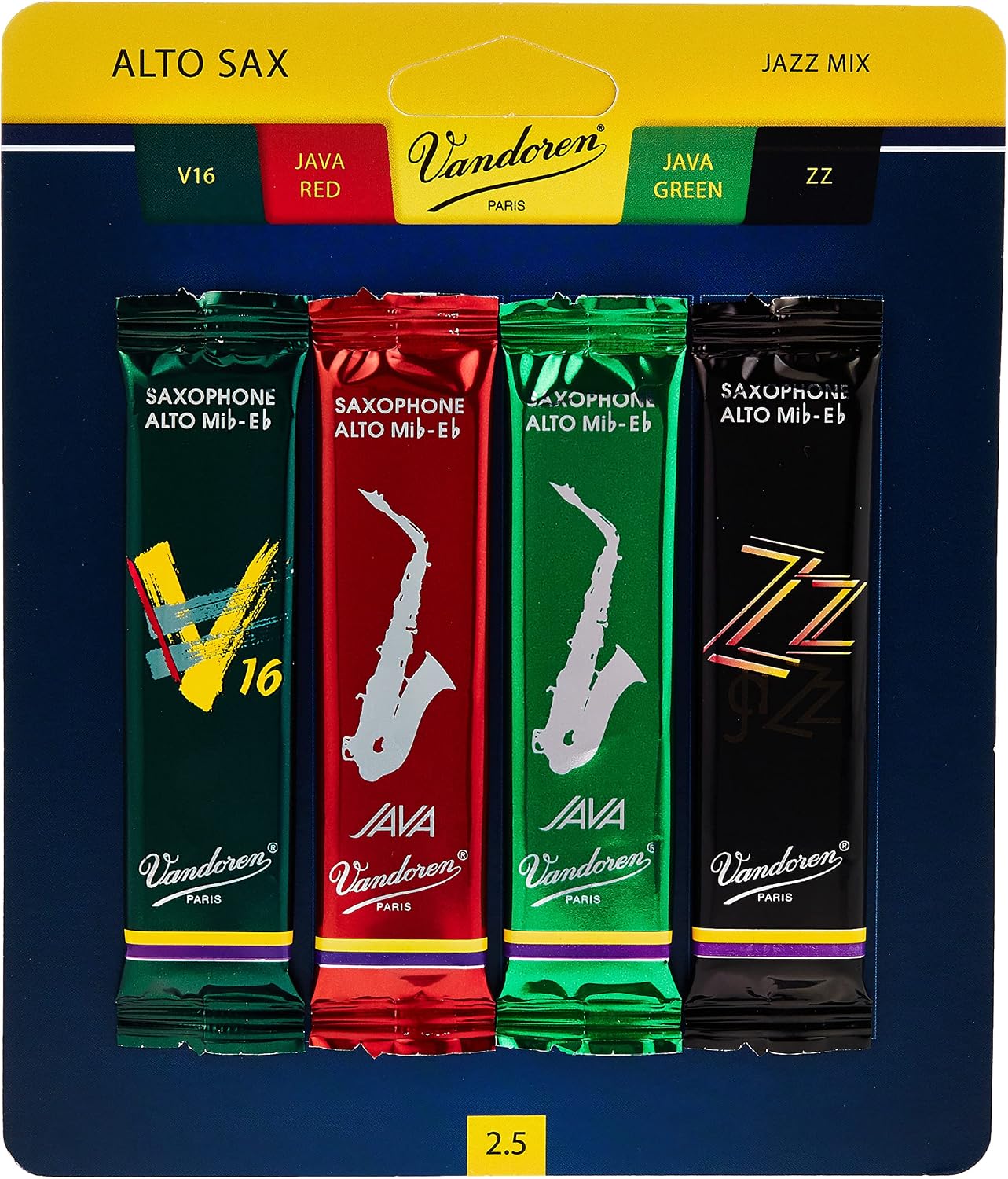 Vandoren SRMIXA3 Alto Sax Jazz Reed Mix Card includes 1 each ZZ, V16, JAVA and JAVA Red Strength 3