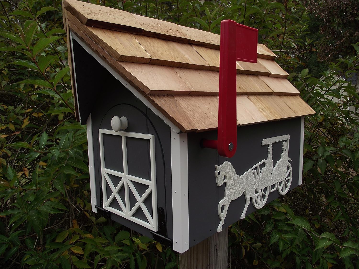 Amish Handmade Handcrafted Rural Mailbox w Flag Dk Gray/White Horse and Buggy