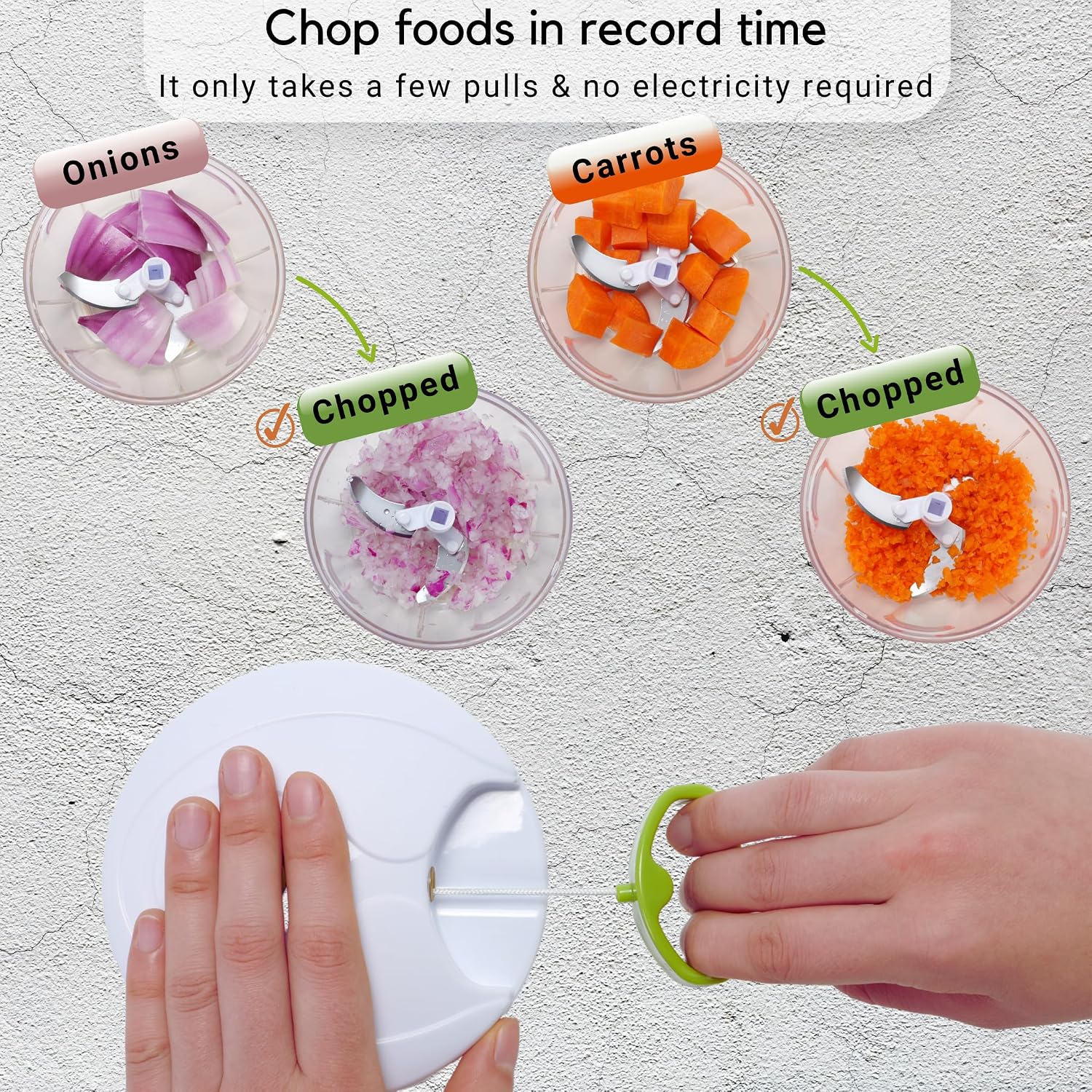 Brieftons QuickPull Manual Food Chopper, 4-Cup Hand Pull String Chopper, No Electricity, Chops Onion Tear-Free, Garlic, Vegetables, Herbs, Nuts for Salsa, Guacamole, Pesto, Baby Food, RV, Camping