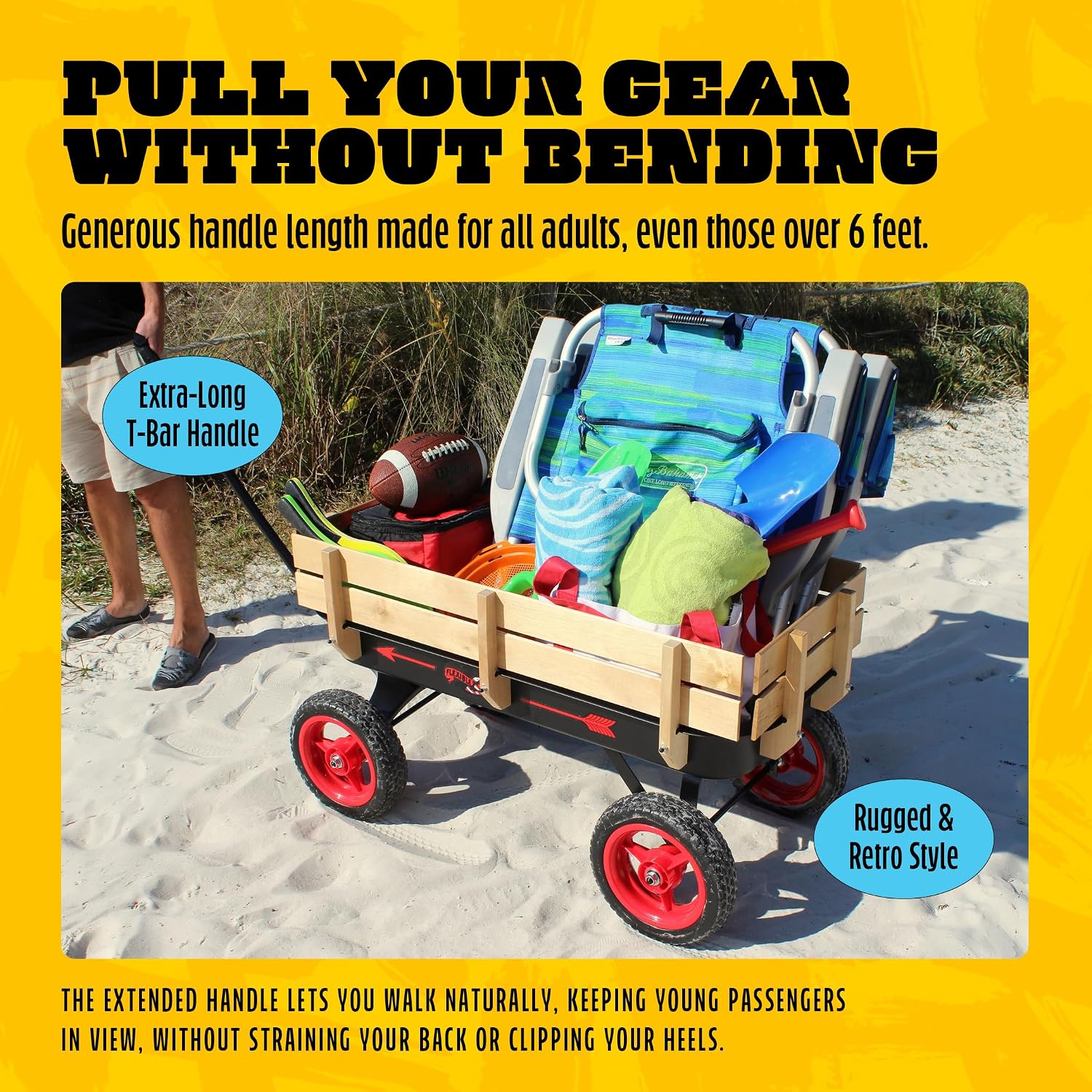 Flexible Flyer All-Terrain Wagon for Kids with Steel Bed & Wood Sides, Extra-Long Pull Handle for Adults, Heavy Duty Toy, Garden & Beach Baby Wagon
