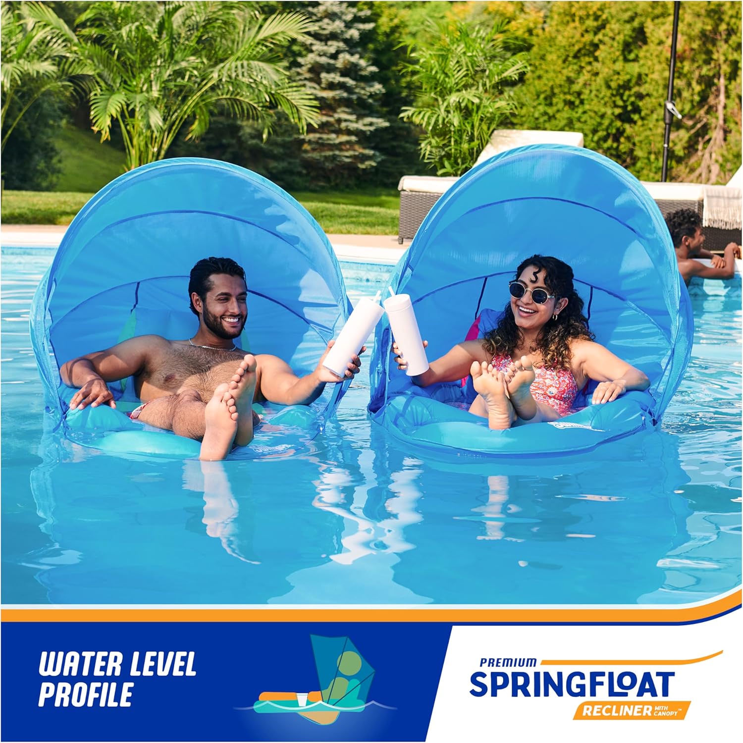 SwimWays Spring Float Recliner Chair for Swimming Pool, Inflatable Pool Floats Adult with Fast Inflation, Cup Holder & Foot Rest for Ages 15 & Up