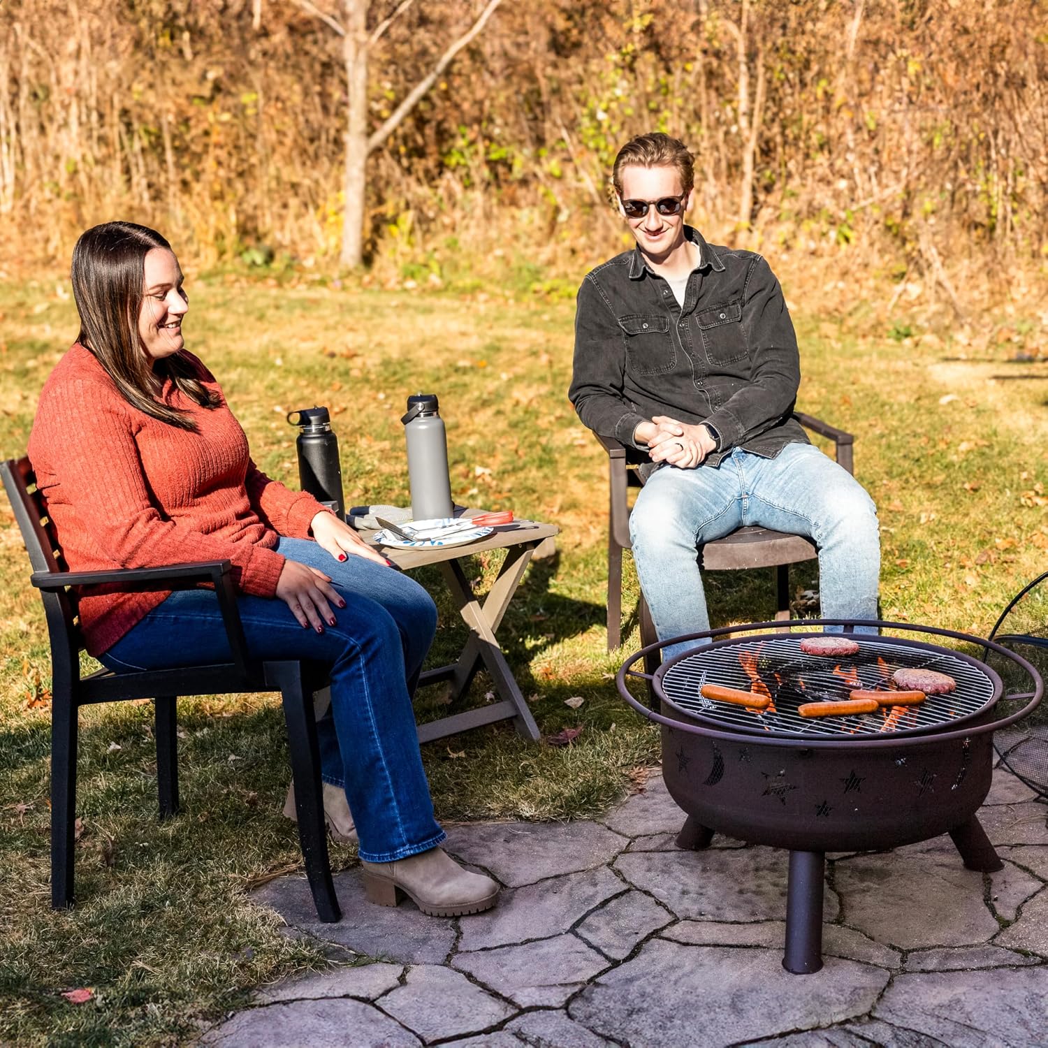 Sunnydaze Cosmic 30" Fire Pit with Cooking Grate for Outside, Wood Burning | Bronze, Heavy Duty Steel Metal, Includes Spark Screen & Poker, Round Outside Firepit for Patio, Deck, Backyard BBQ, Bonfire