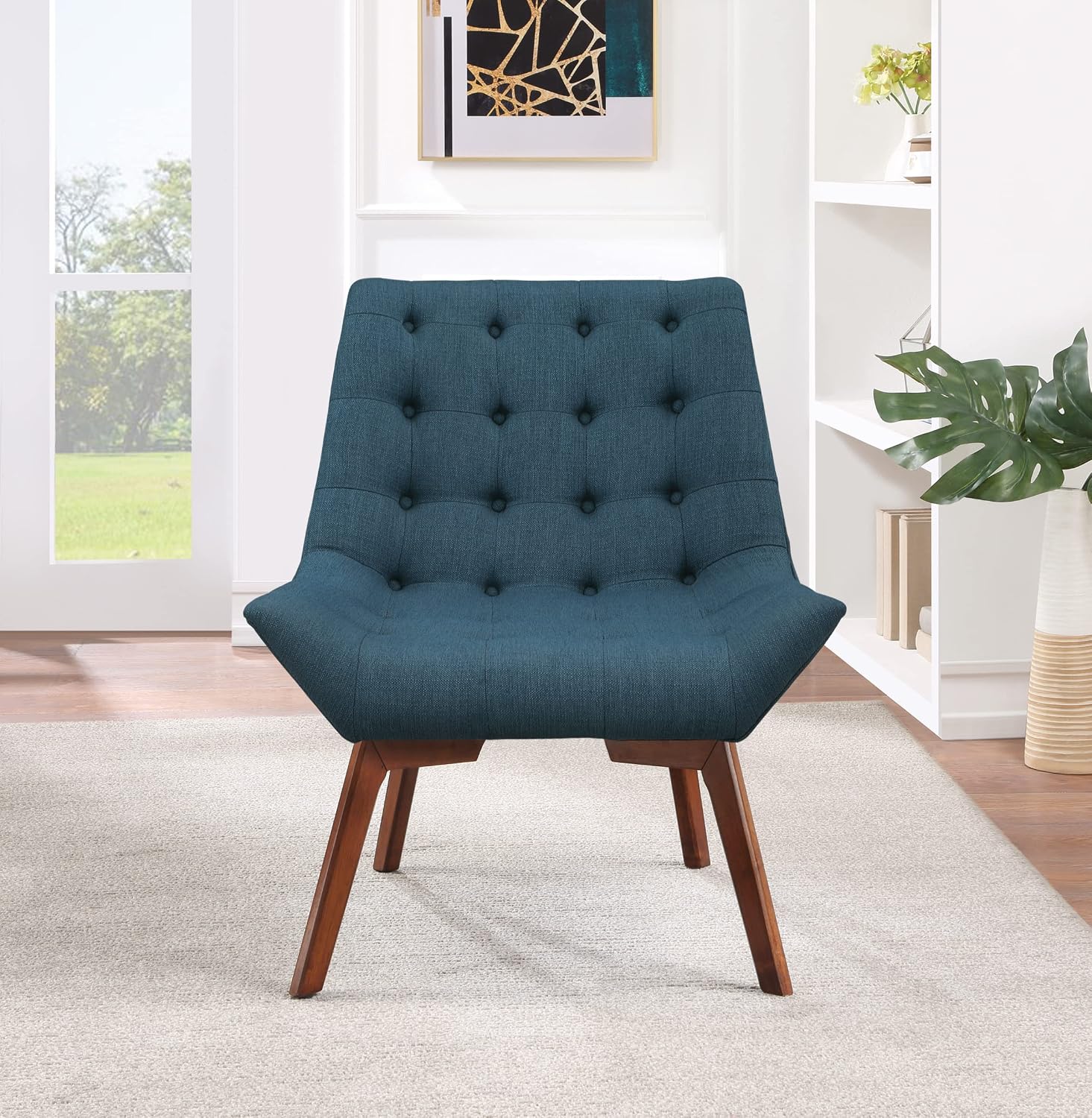 OSP Home Furnishings Shelly Mid-Century Modern Button Tufted Accent Chair with Solid Wood Sculpted Frame