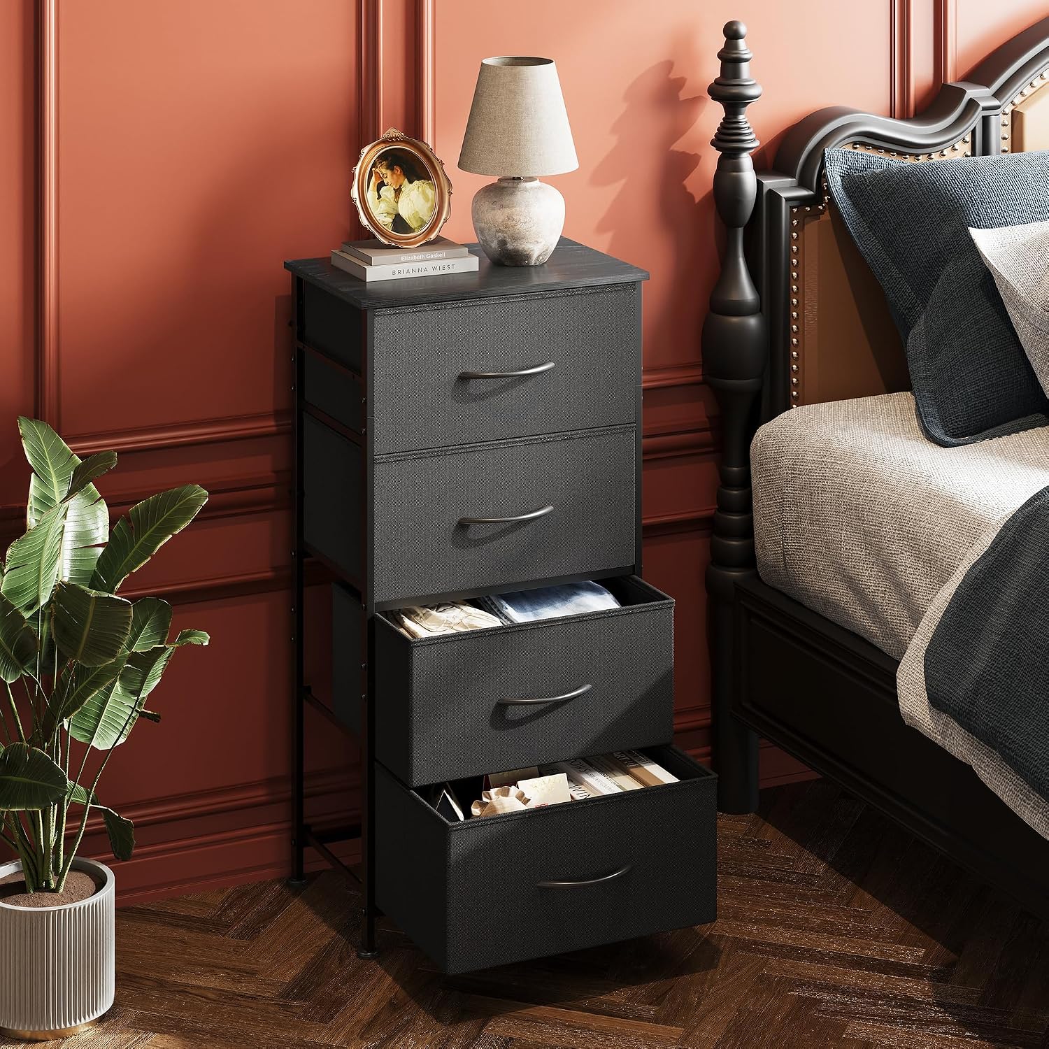 WLIVE Small Dresser Nightstand for Bedroom, 4 Drawers, Light Grey | 4 vertical fabric drawers, Space-saving tower, Bedroom or closet use, Chest of drawers, Dresser for small spaces