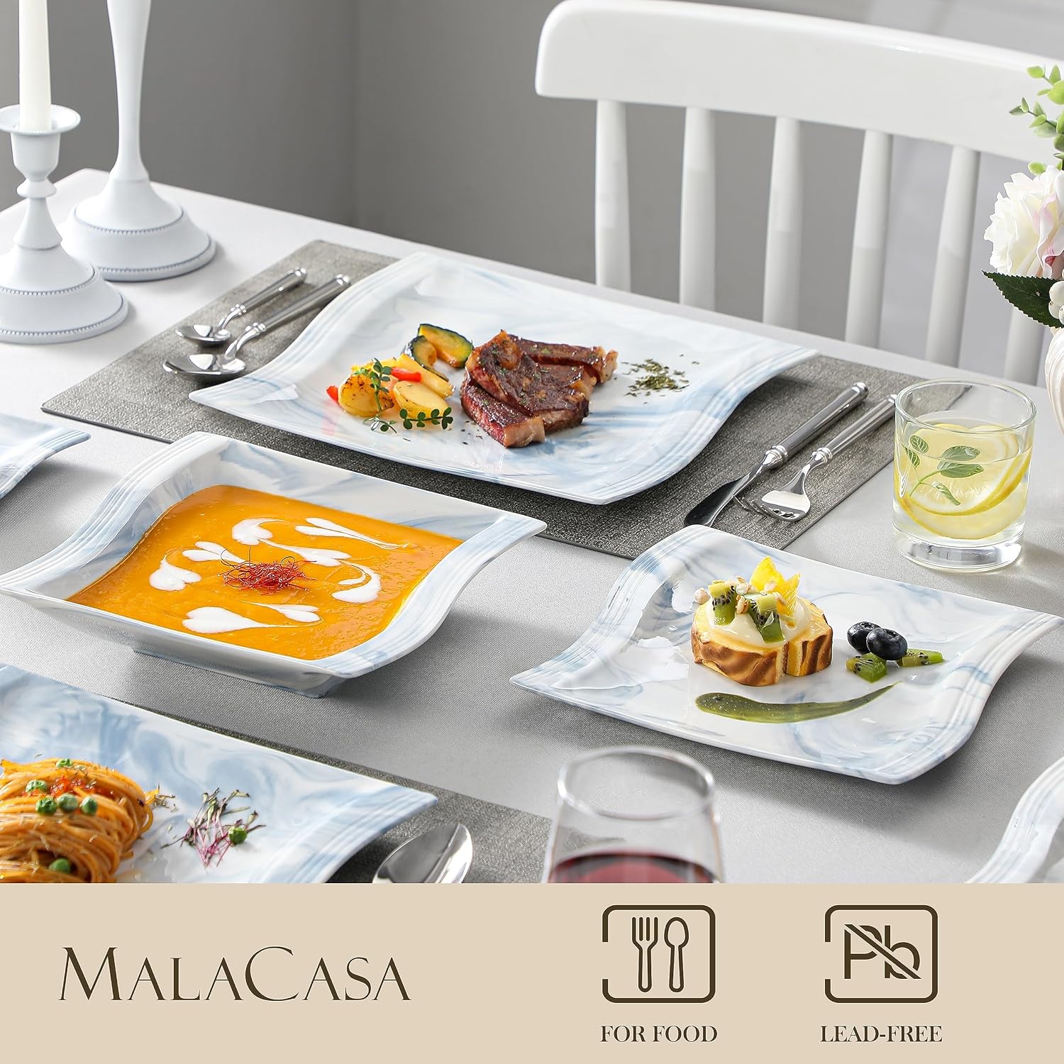MALACASA Plates and Bowls Sets, 26 Pieces Ivory White Porcelain Dinnerware Sets without Mugs, Square Dinnerware with Dinner Plates, Bowls and Serving Platters, Modern Dish Set for 6, Series Flora