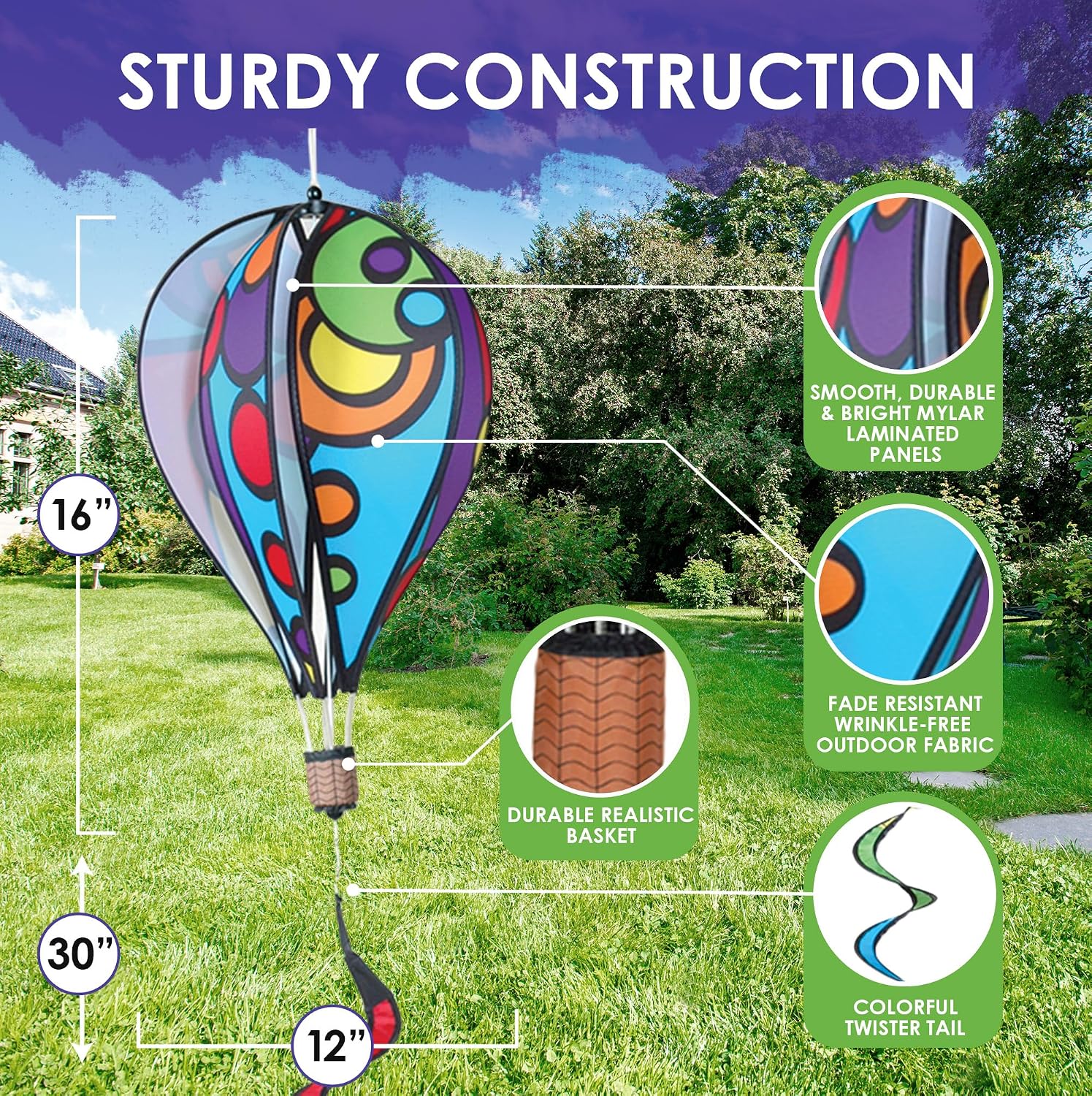 Hot Air Balloon Hanging Garden Spinner 16" - Vibrant Patriotic Design, Weather-Resistant Outdoor Decor, Durable & Lightweight for Patios, Yards, and Gardens - Eye-Catching Wind Spinner