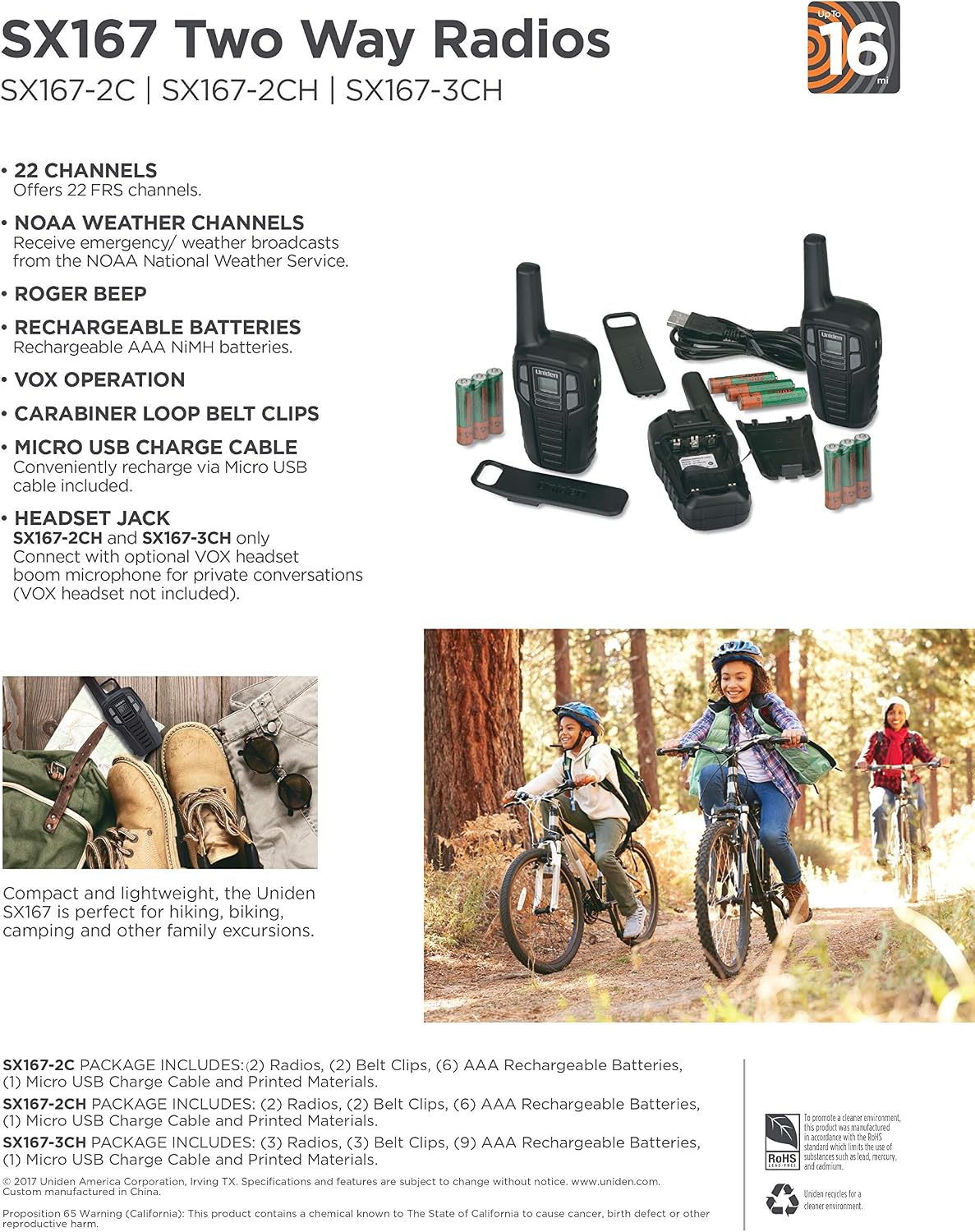 Uniden SX167-2C Up to 16 Mile Range Two-Way Radio Walkie Talkies, Rechargeable Batteries with Convenient Charging Cable, NOAA Weather Channels