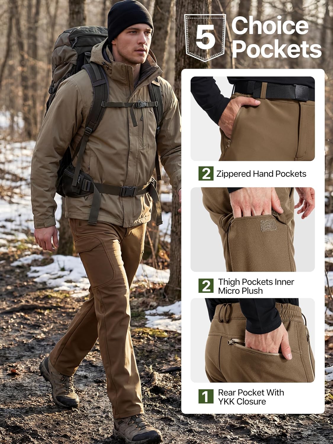 FREE SOLDIER Men's Outdoor Softshell Fleece Lined Cargo Pants | Snow Ski Hiking Pants with Belt, Waterproof Winter Pants, Insulated Work Pants, Breathable Windproof Insulated Pants