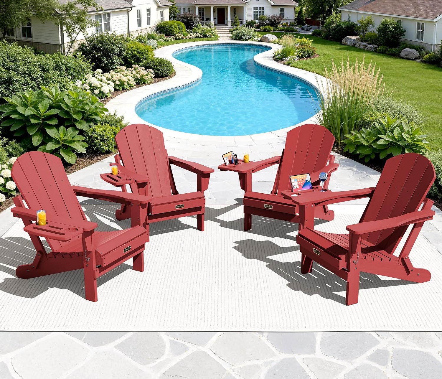 SERWALL Folding Adirondack Chairs with Cup Holder, Outdoor Fire Pit - Blue