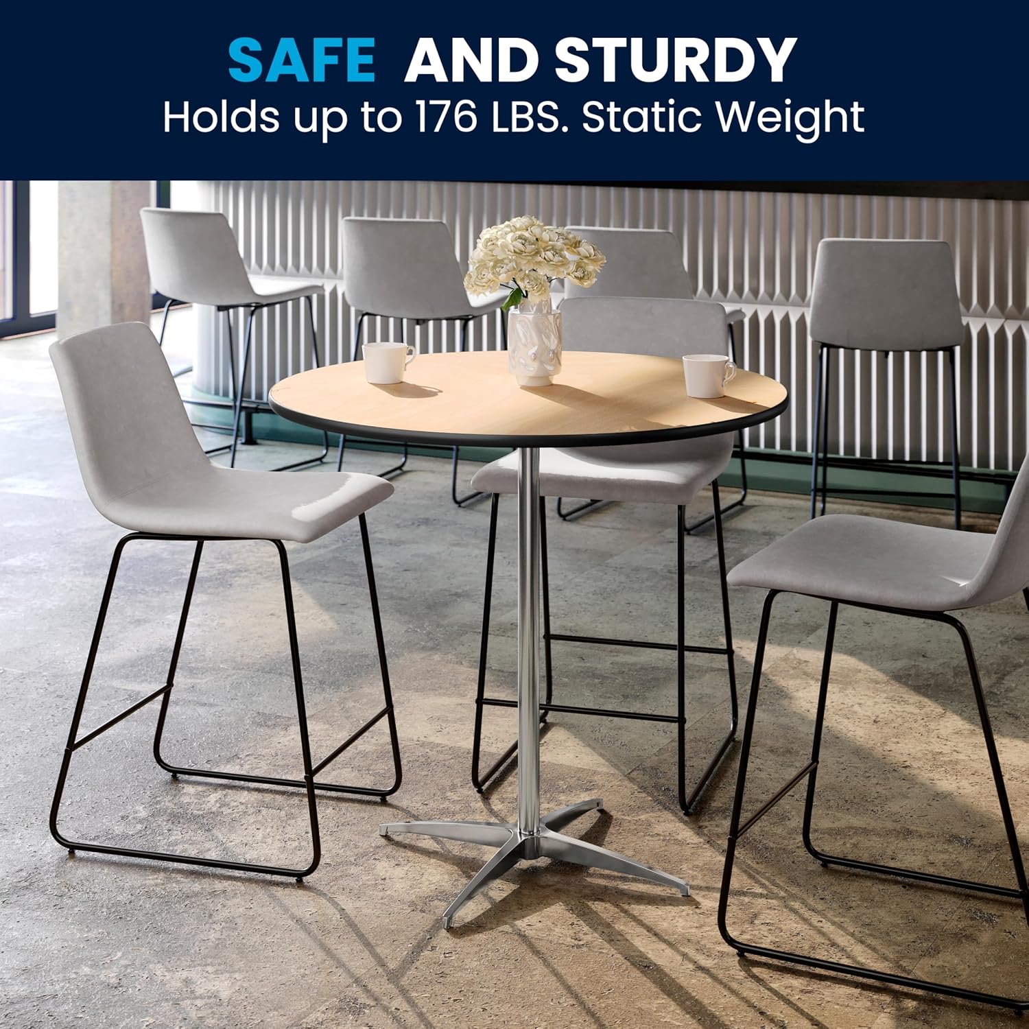 Flash Furniture Lars 24" Round Wood Cocktail Table with 30" and 42" Adjustable Columns, Adjustable Bar Height, for Events or Home Use