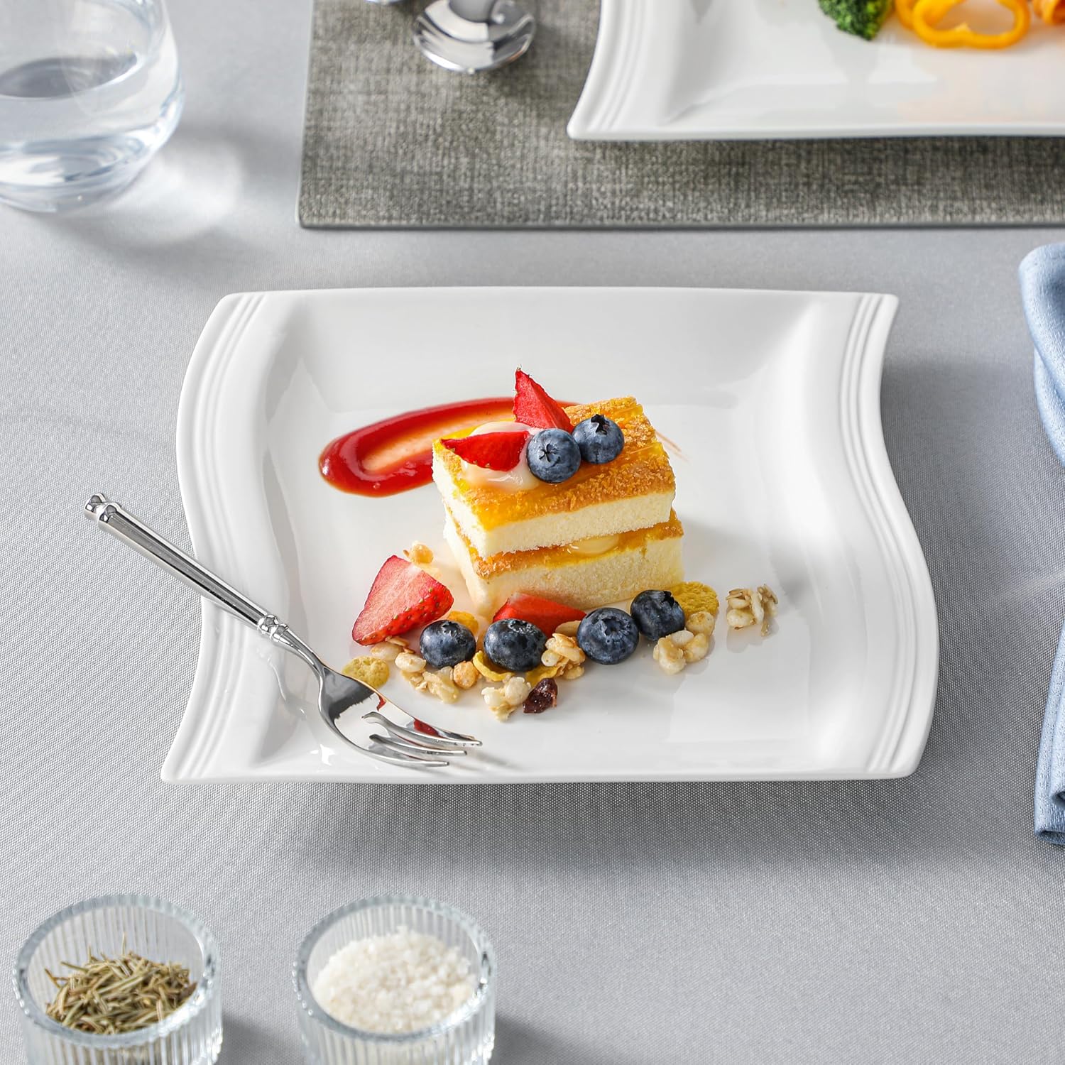 MALACASA Plates and Bowls Sets, 26 Pieces Ivory White Porcelain Dinnerware Sets without Mugs, Square Dinnerware with Dinner Plates, Bowls and Serving Platters, Modern Dish Set for 6, Series Flora