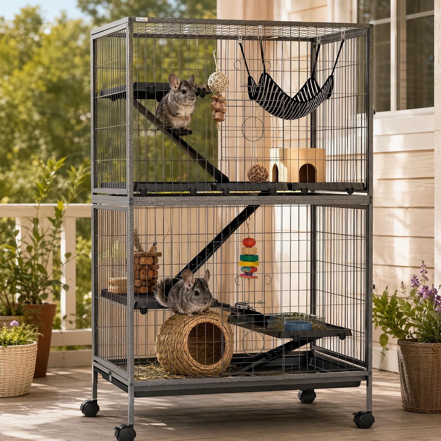 PawHut Metal Small Animal Cage, 4-Tiers Rolling Big Ferret Cage, Gray