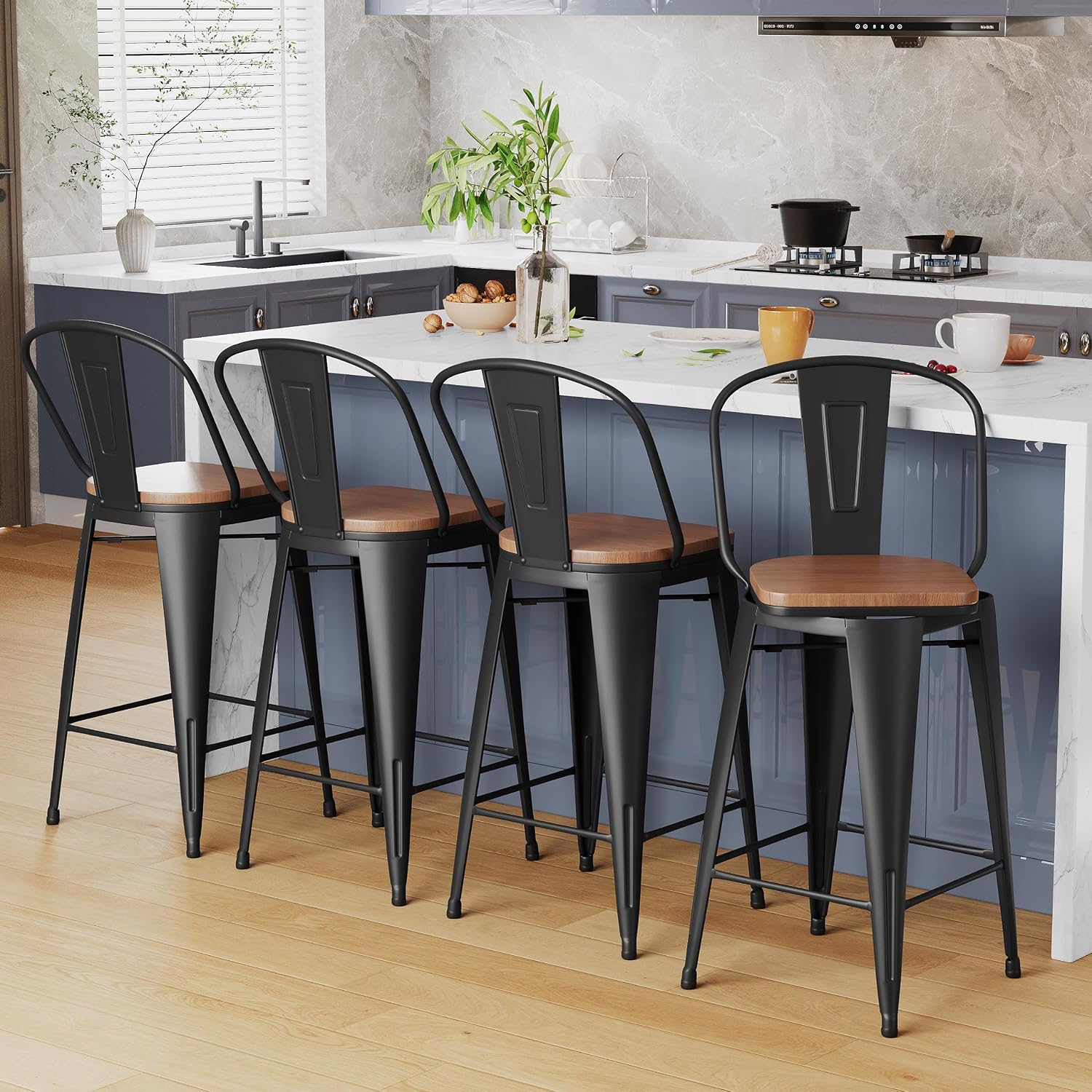 Alunaune 24" Swivel Metal Bar Stools Set of 4 High Back Counter Height Barstools Industrial Dining Bar Chairs with Large Wooden Seat-Matte Black