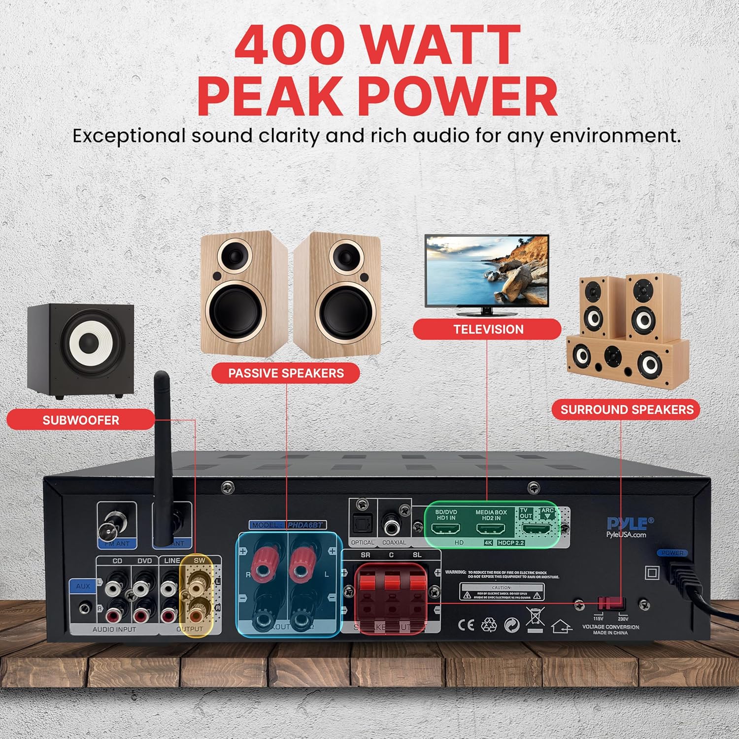 Pyle 400w Home Entertainment Amplifier with Bluetooth - Karaoke Optimized with Dual Mic Inputs with Reverb and Delay
