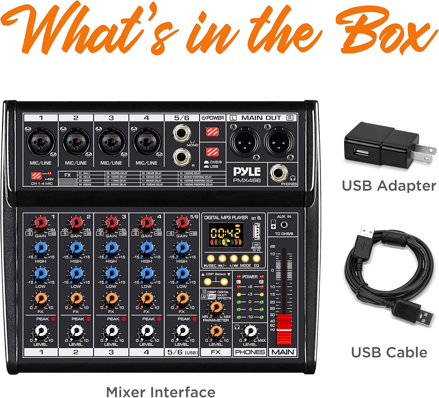 Pyle Professional Bluetooth DJ Audio Mixer - 6-Channel DJ Controller Sound Mixer w/DSP 16 Preset Effects, USB Interface, 4 XLR Mic/Line Input, AUX