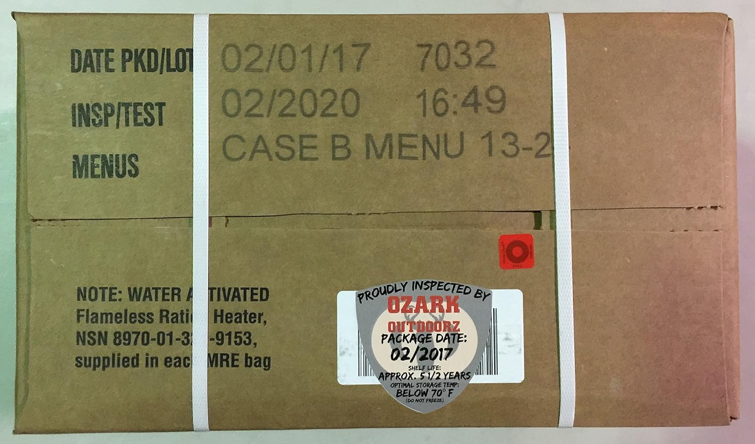 MRE 2020 Inspection Date Case, 24 Meals with 2020 Inspection Date, 2017 Pack Date A and B Case. Military Surplus Meal Ready to Eat.